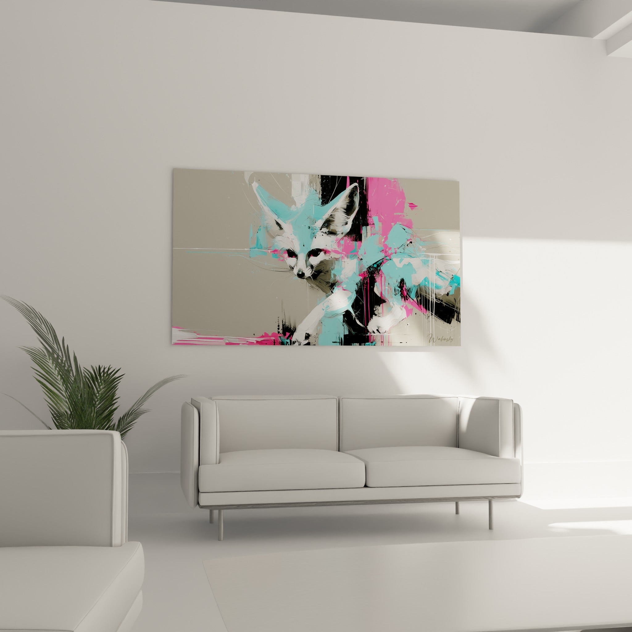 Fennec graphique aux teintes rose et turquoise disposé au-dessus d'un canapé dans un salon lumineux