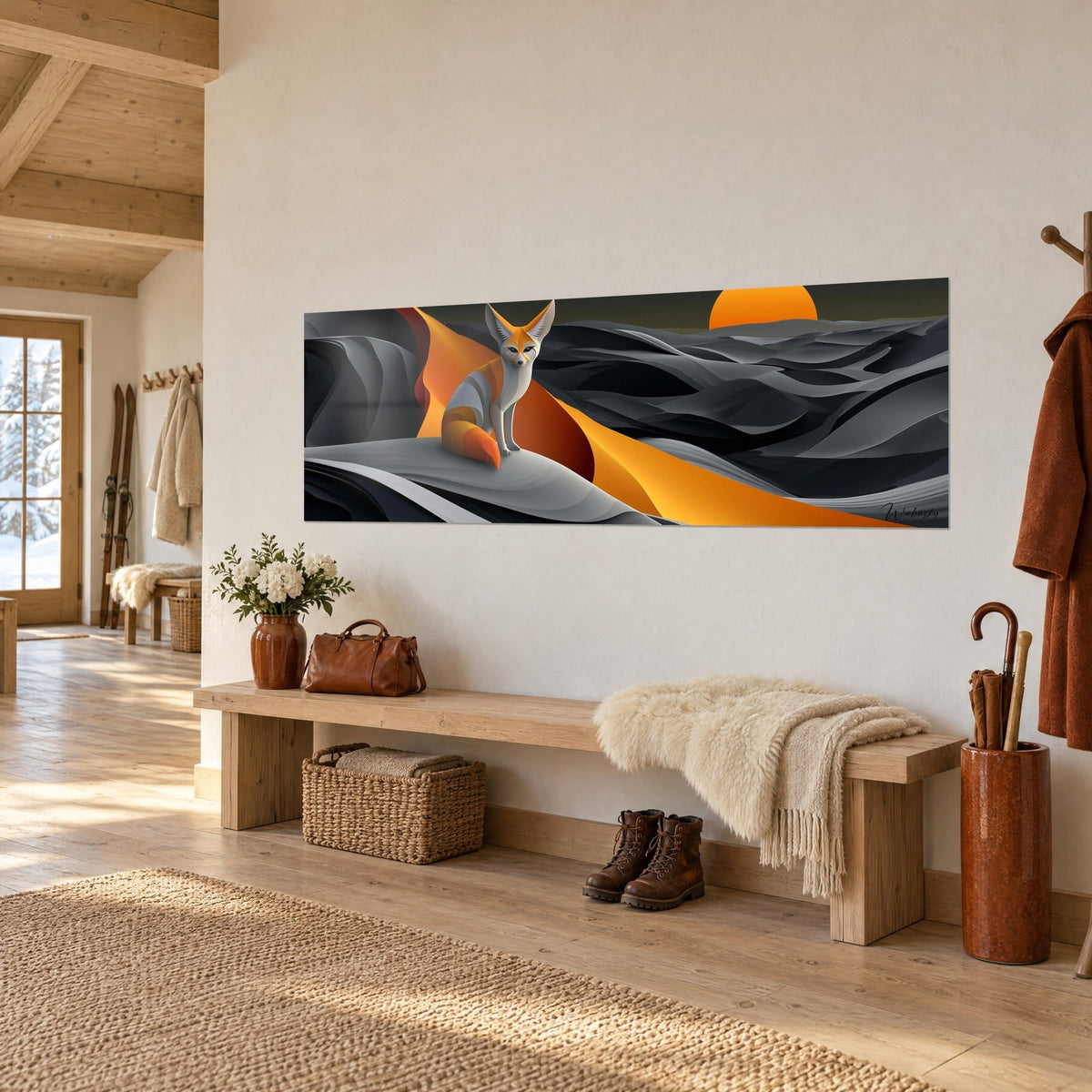 Wall art small fennec fox sitting on a grey dune, anthracite sand waves and orange ribbon, round sun, light wood chalet entrance