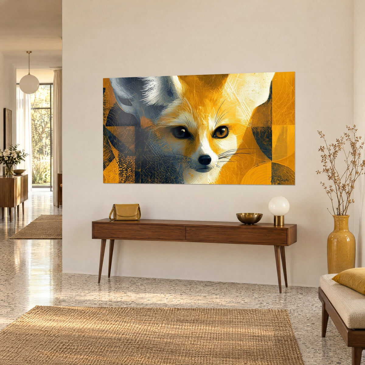 Wall art portrait of a fennec fox with a honey-amber gaze, cream fur on honey yellow and navy blocks, beige wall and wooden console