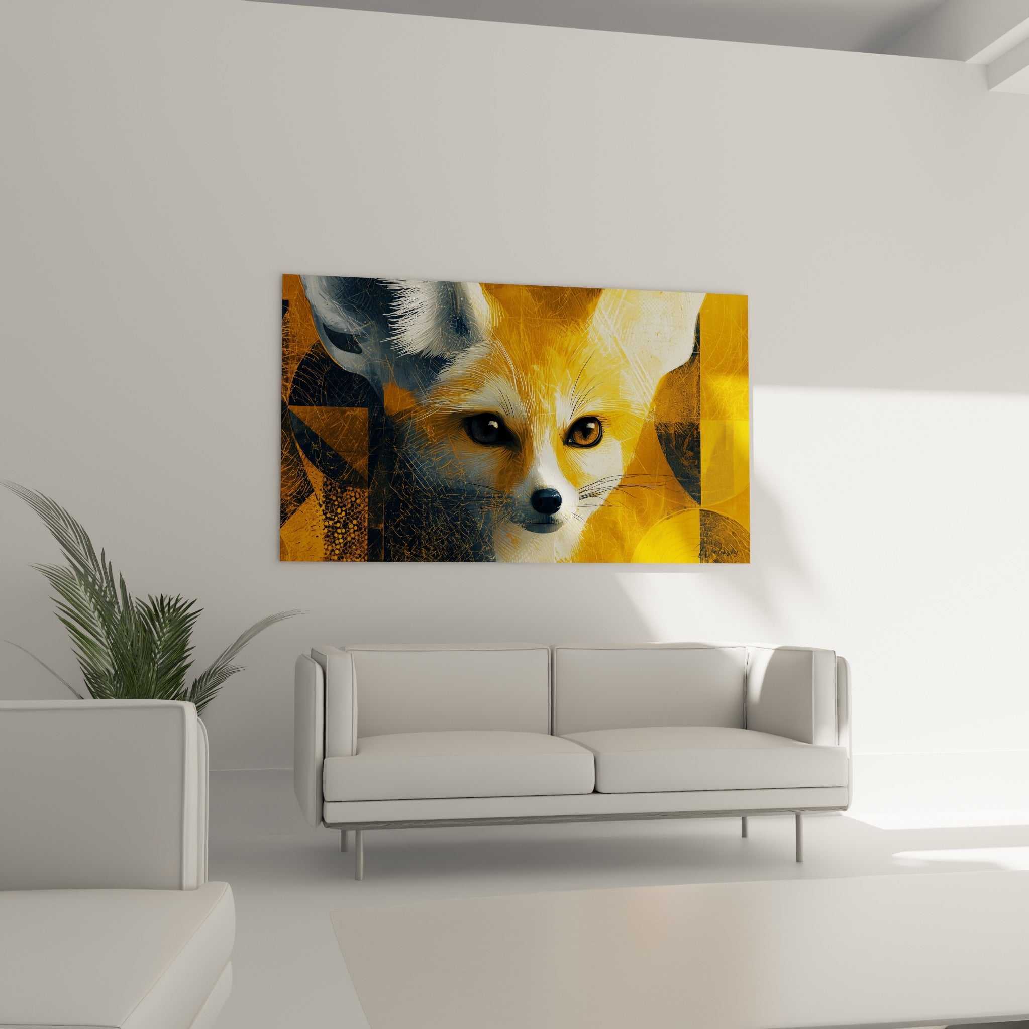 Portrait du fennec ocre et bleu marine, oreilles dressées, au-dessus d'un canapé dans un salon lumineux