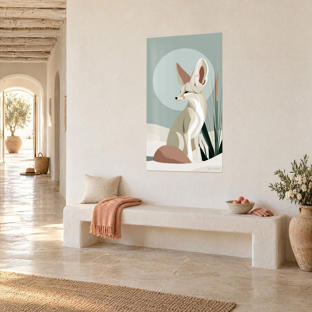 Wall art seated desert fox, beige and white fur, dark green reeds on a sage background, in an arched hallway finished in lime plaster