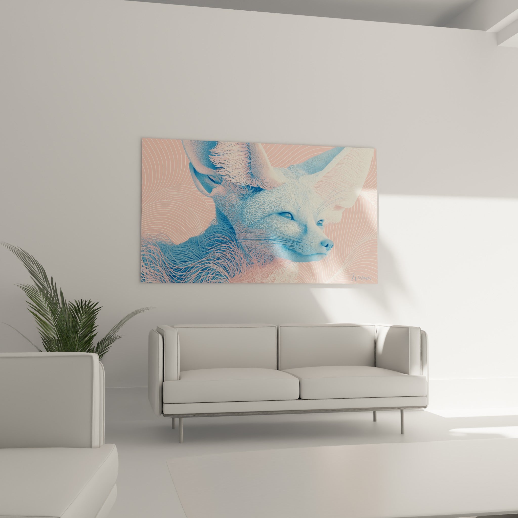 Regard doux du fennec bleu et crème, fourrure texturée, au-dessus d'un canapé dans un salon lumineux