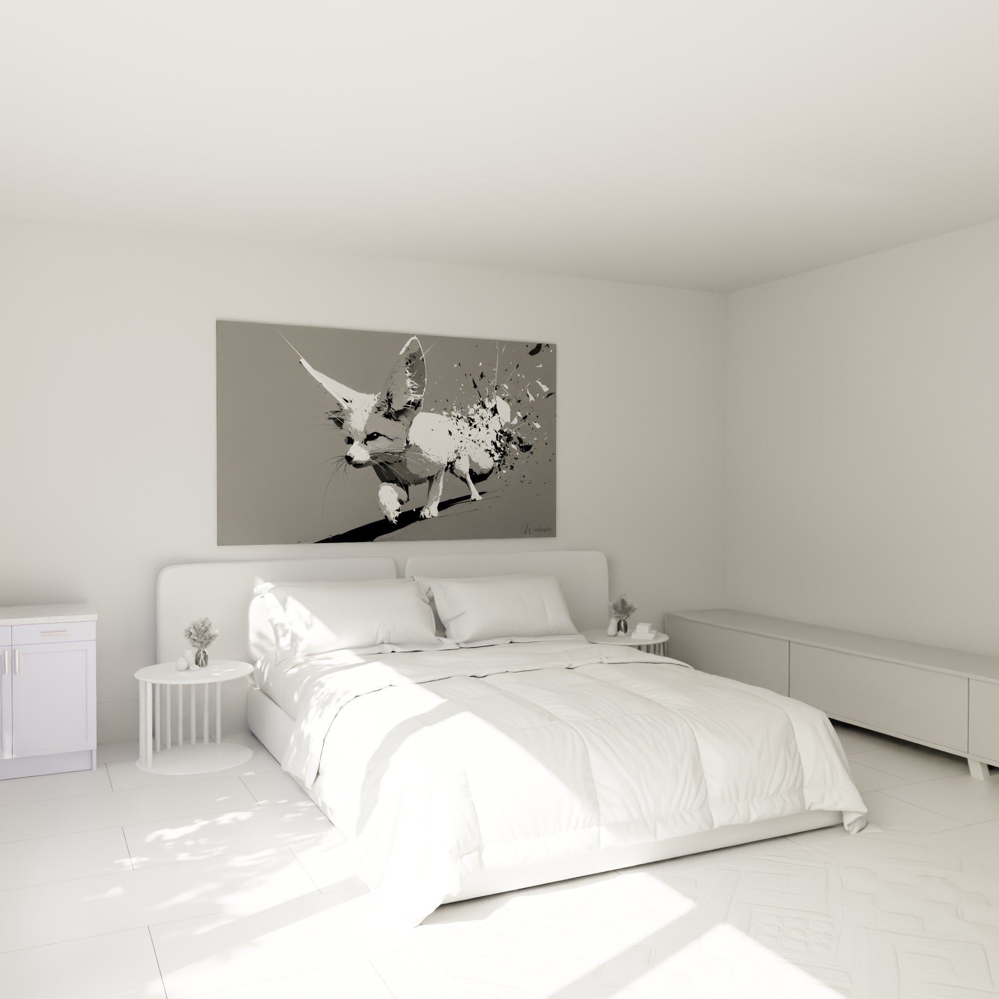 Silhouette de fennec noir et blanc en dispersion, accrochée au-dessus d'un lit dans une chambre claire