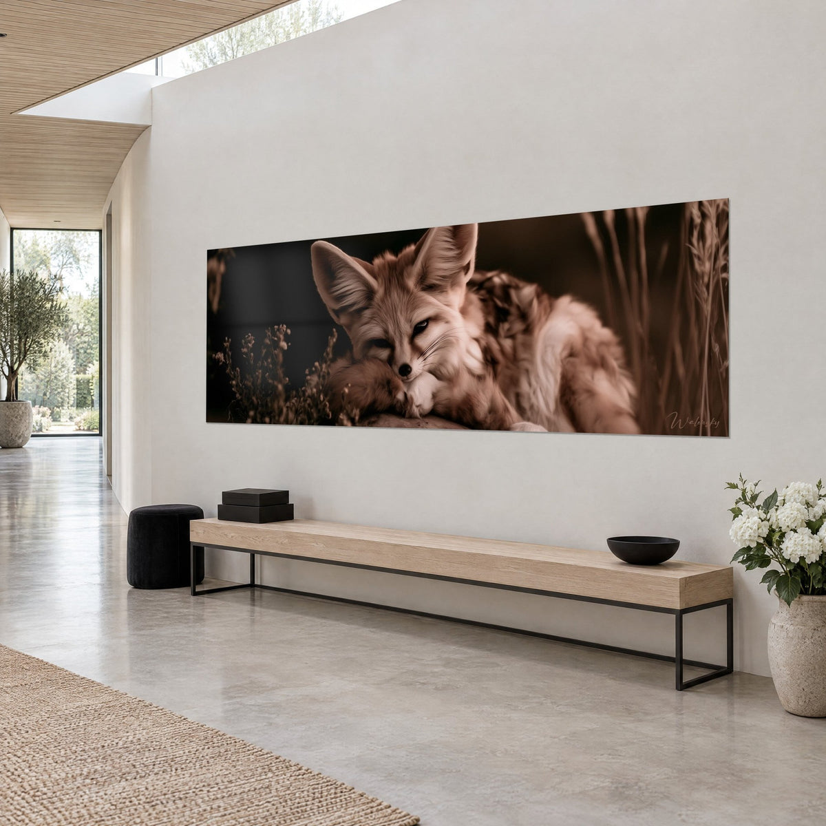 Wall art curled desert fox, muzzle resting on its paw, dark brown background with golden grasses, white wall of an architect's house