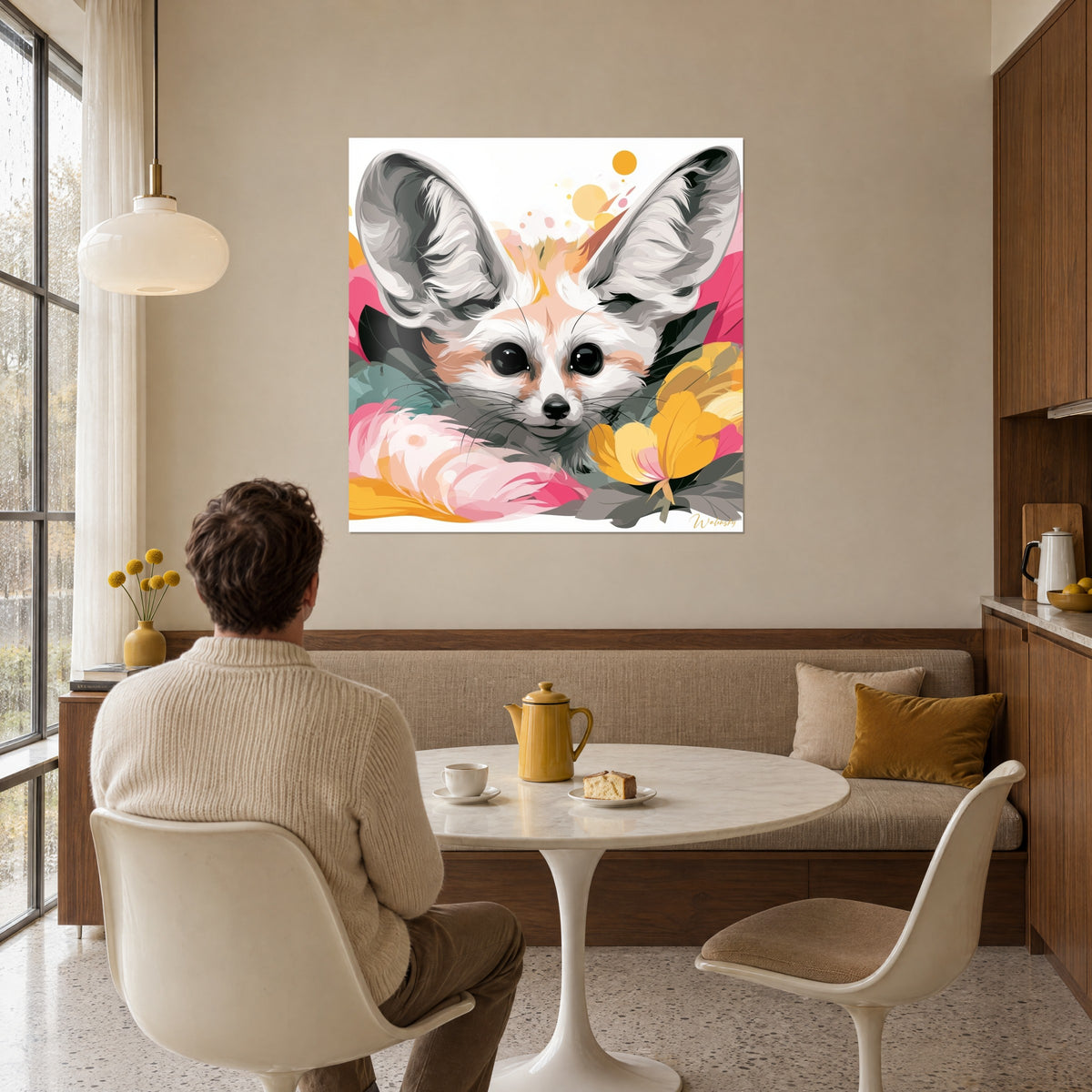 Obraz portret fenneka o srebrnoszarych uszach obrzeżonych piórkami, złote plamki jak deszcz, wiszący naprzeciw mężczyzny siedzącego tyłem w salonie