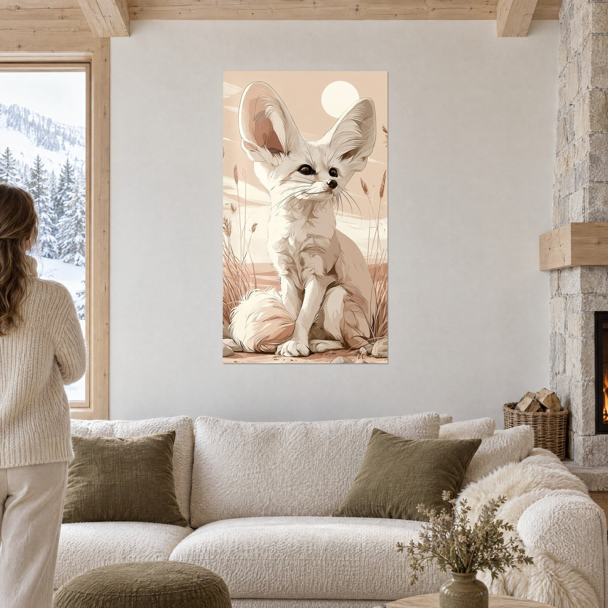 Wall art desert fox with huge cream ears, pale moon and beige reeds, above a sofa in a bright living room