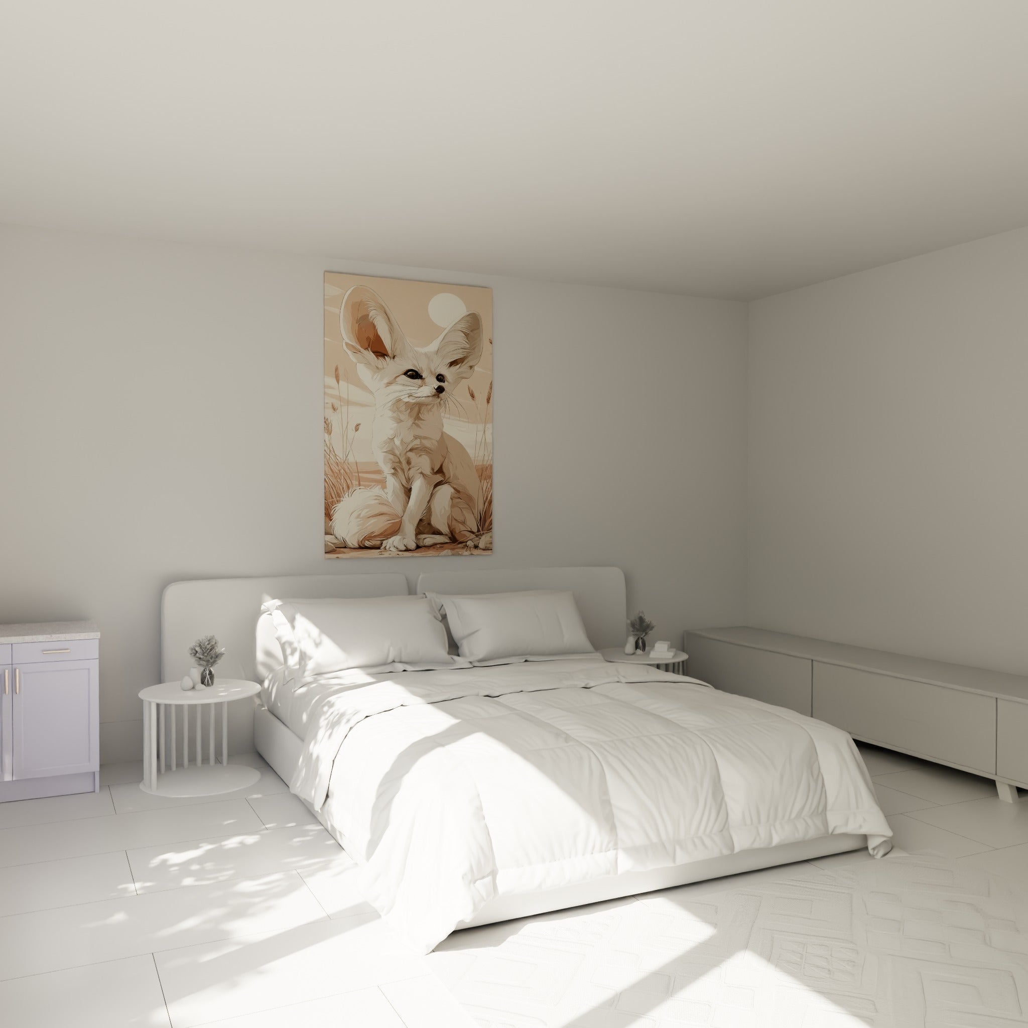 Fennec beige aux oreilles dressées et fond terracotta, au-dessus d'un lit dans une chambre claire