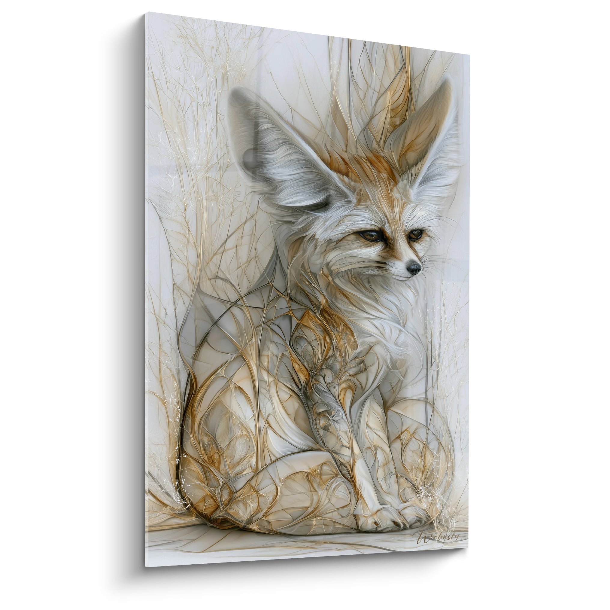 Fennec ivoire assis aux volutes dorées, regard sombre perçant, pelage graphique délicat