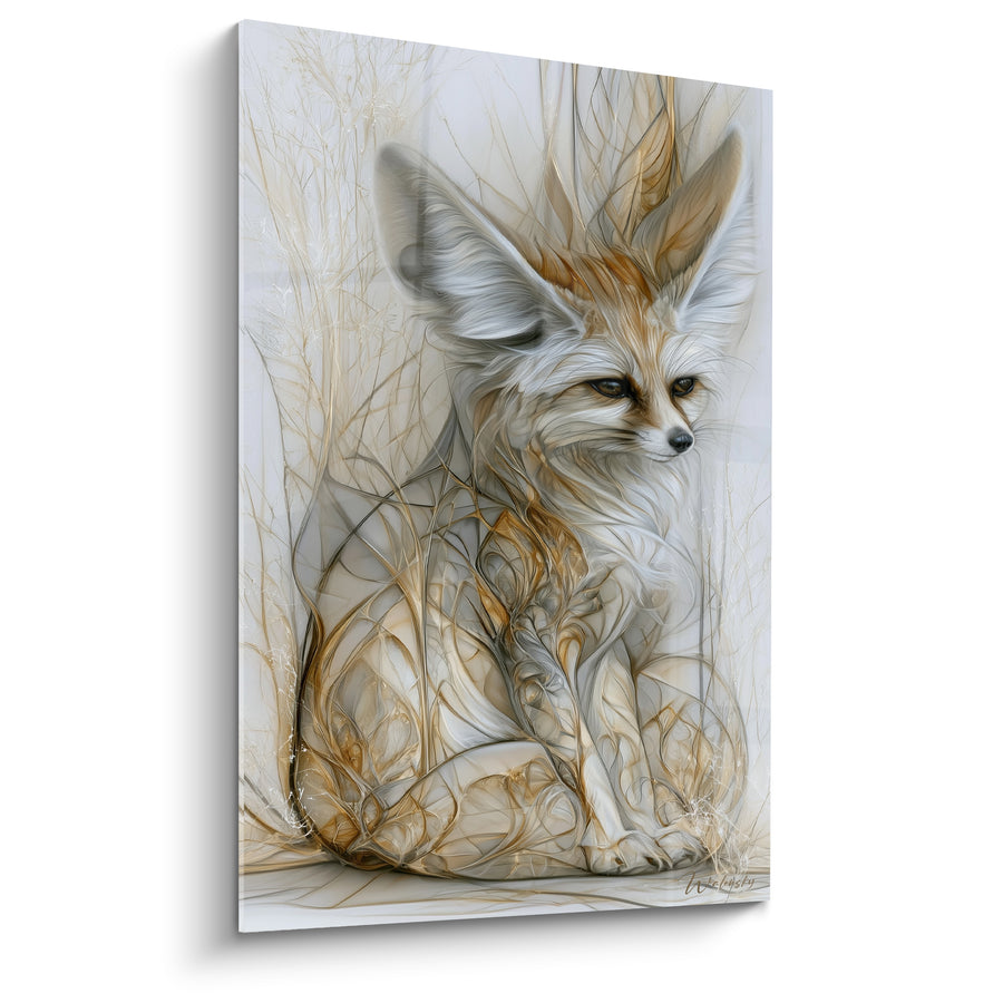 Tableau Fennec blanc et doré aux volutes filigranées - Silhouette entrelacée de brindilles - Edition Fennec