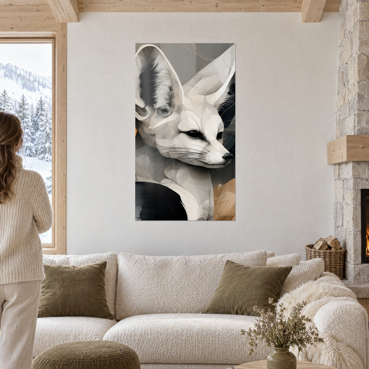 Gemälde Wüstenfuchs mit großen weißen Ohren, aschgraue Flanken und ockerfarbener Akzent, über einem Sofa in einem hellen Wohnzimmer
