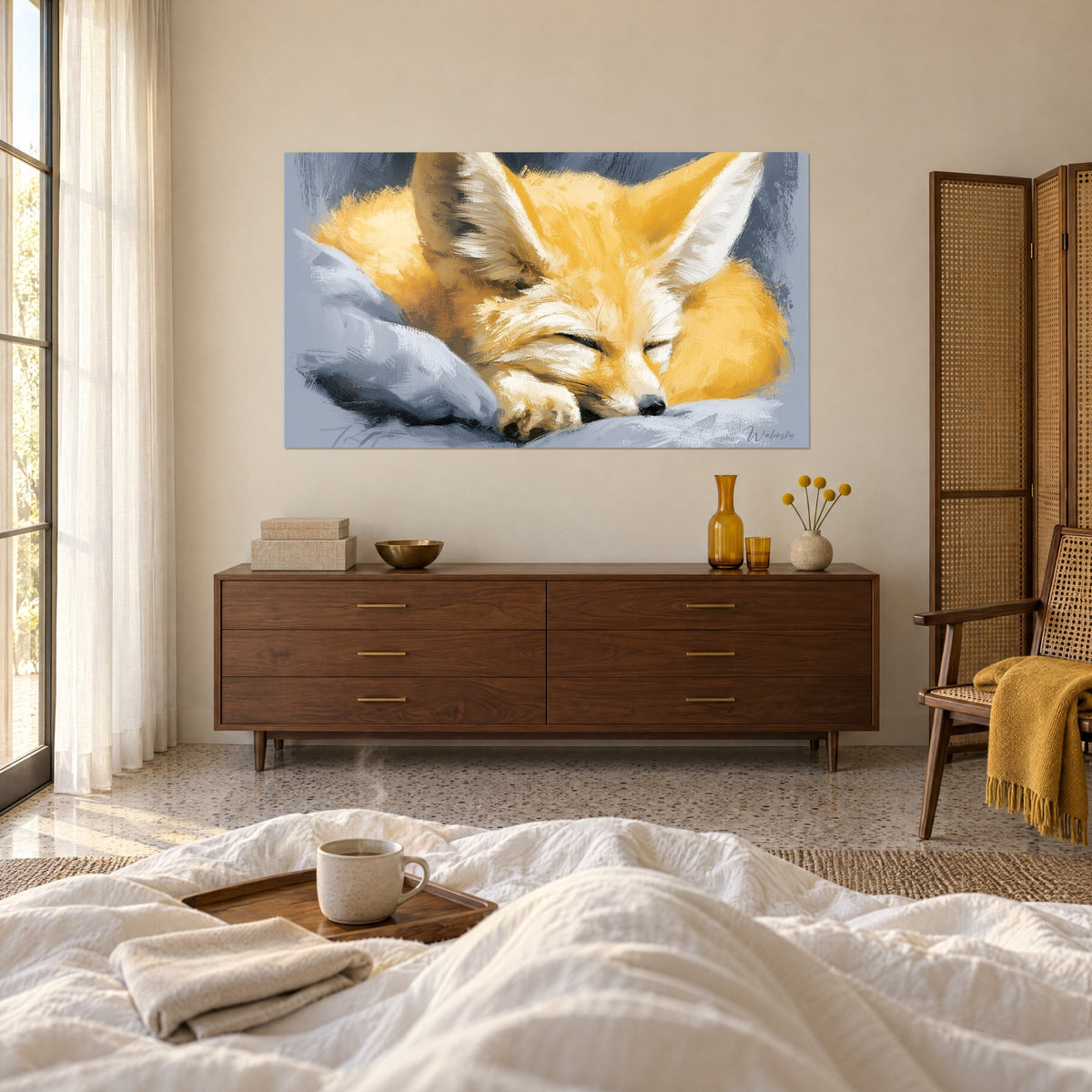Wall art of a desert animal from the Sahara curled into a ball, sunshine-yellow fur and black muzzle on a pearl-grey pillow, above a bed in a light bedroom
