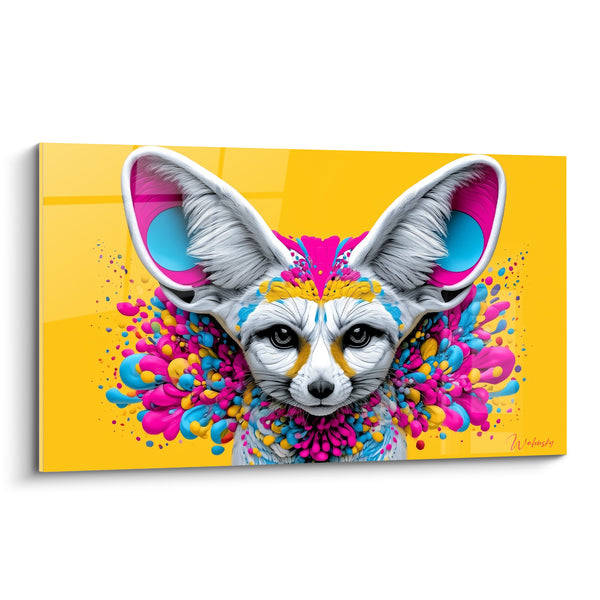 Tableau Fennec blanc éclaboussures magenta et cyan - Fond jaune vif - Edition Fennec