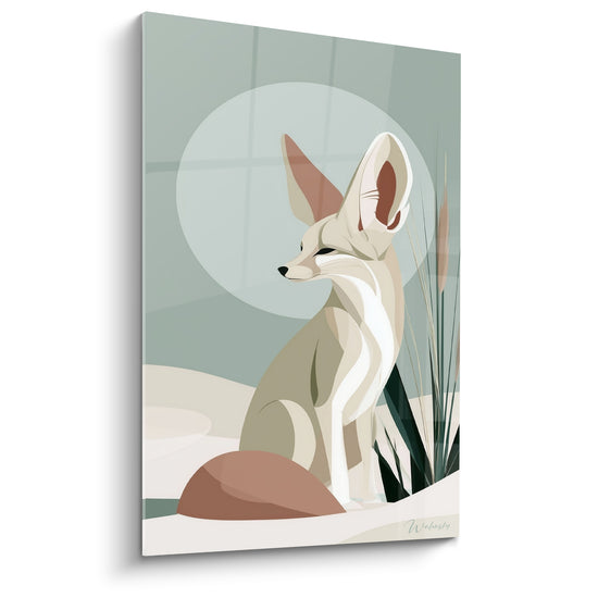 Tableau Fennec assis grandes oreilles beige vert - Veille lunaire - Edition Fennec