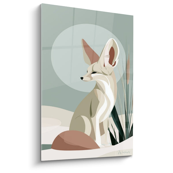 Tableau Fennec assis grandes oreilles beige vert - Veille lunaire - Edition Fennec