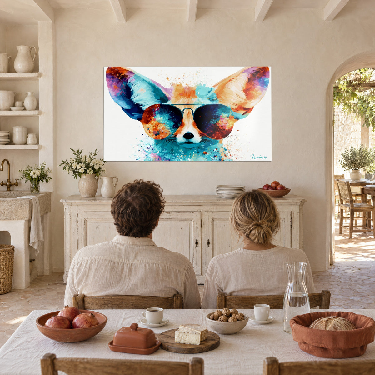 Quadro canide dalle orecchie esagerate, acquerello arancio ramato e blu notte, occhiali galattici, sala da pranzo provenzale