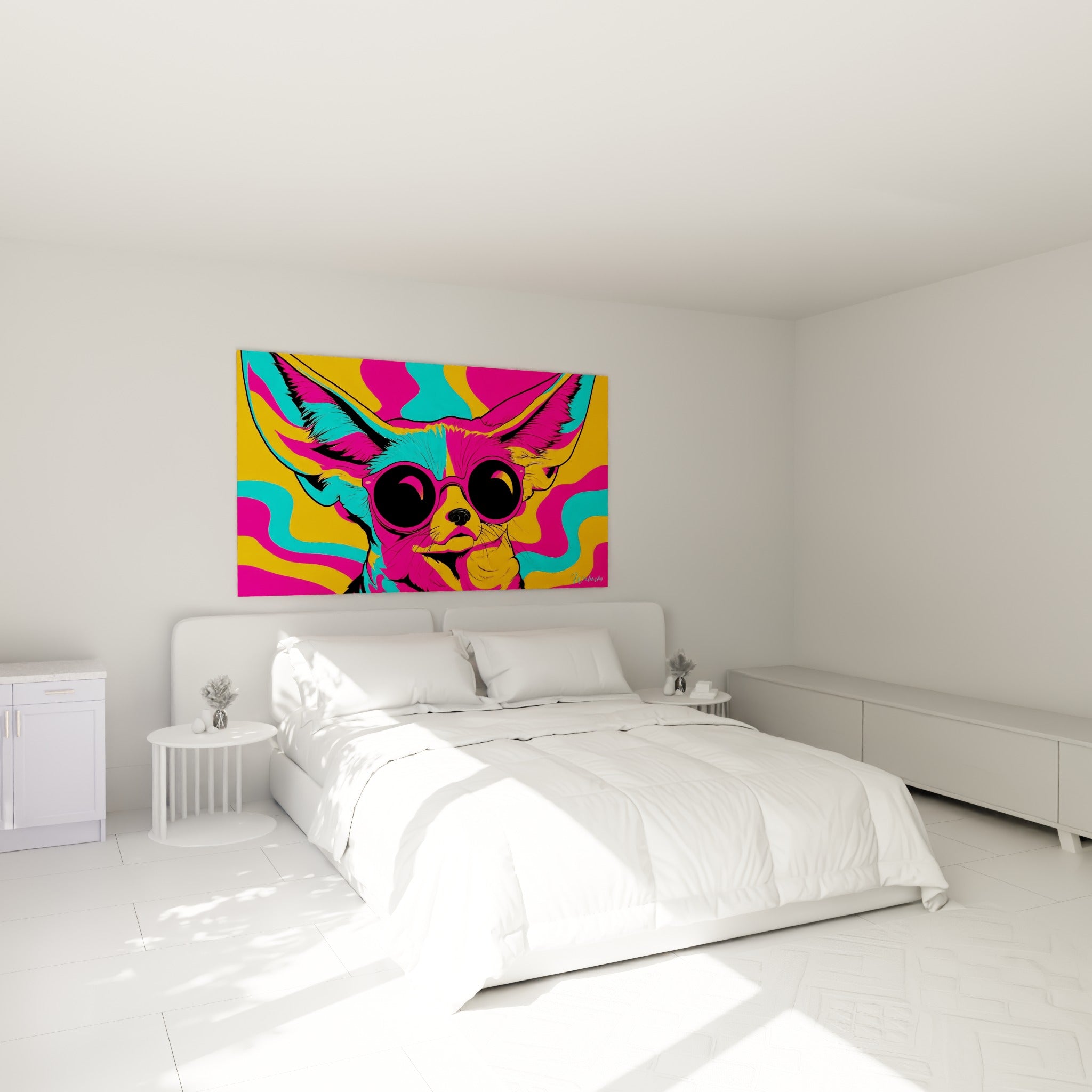 Renard des sables coloré en rose et turquoise accroché au-dessus d'un lit dans une chambre claire