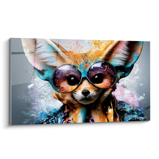 Fennec ocre aux lunettes rondes violettes, cerné d'éclaboussures turquoise et roses sur fond gris.