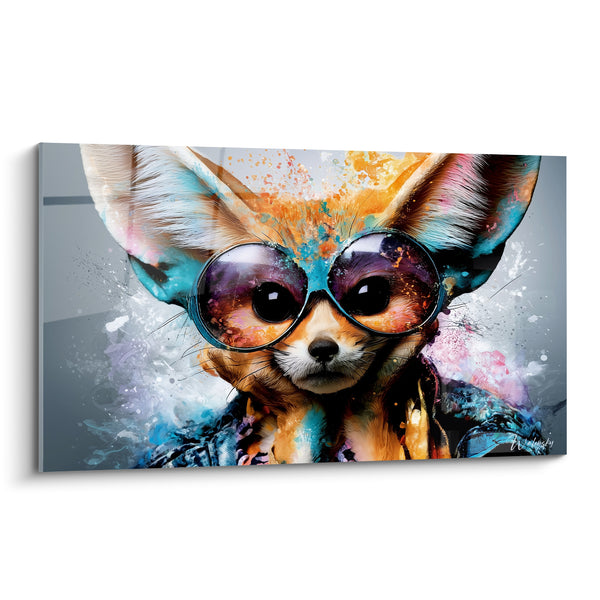 Tableau Fennec à lunettes rondes violettes et turquoise - Veste imprimée bleu marine - Edition Fennec