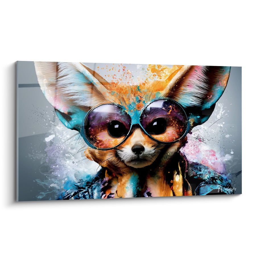 Tableau Fennec à lunettes rondes violettes et turquoise - Veste imprimée bleu marine - Edition Fennec