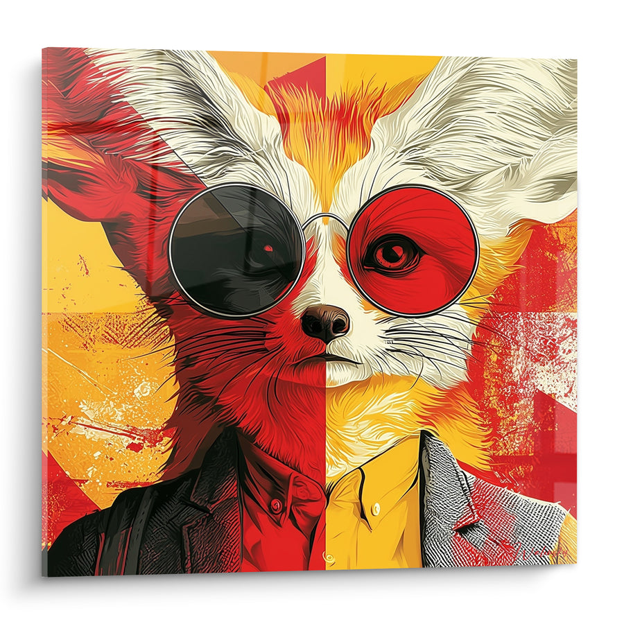 Tableau Fennec à lunettes rondes rouge et jaune - Allure pop rebelle - Edition Fennec