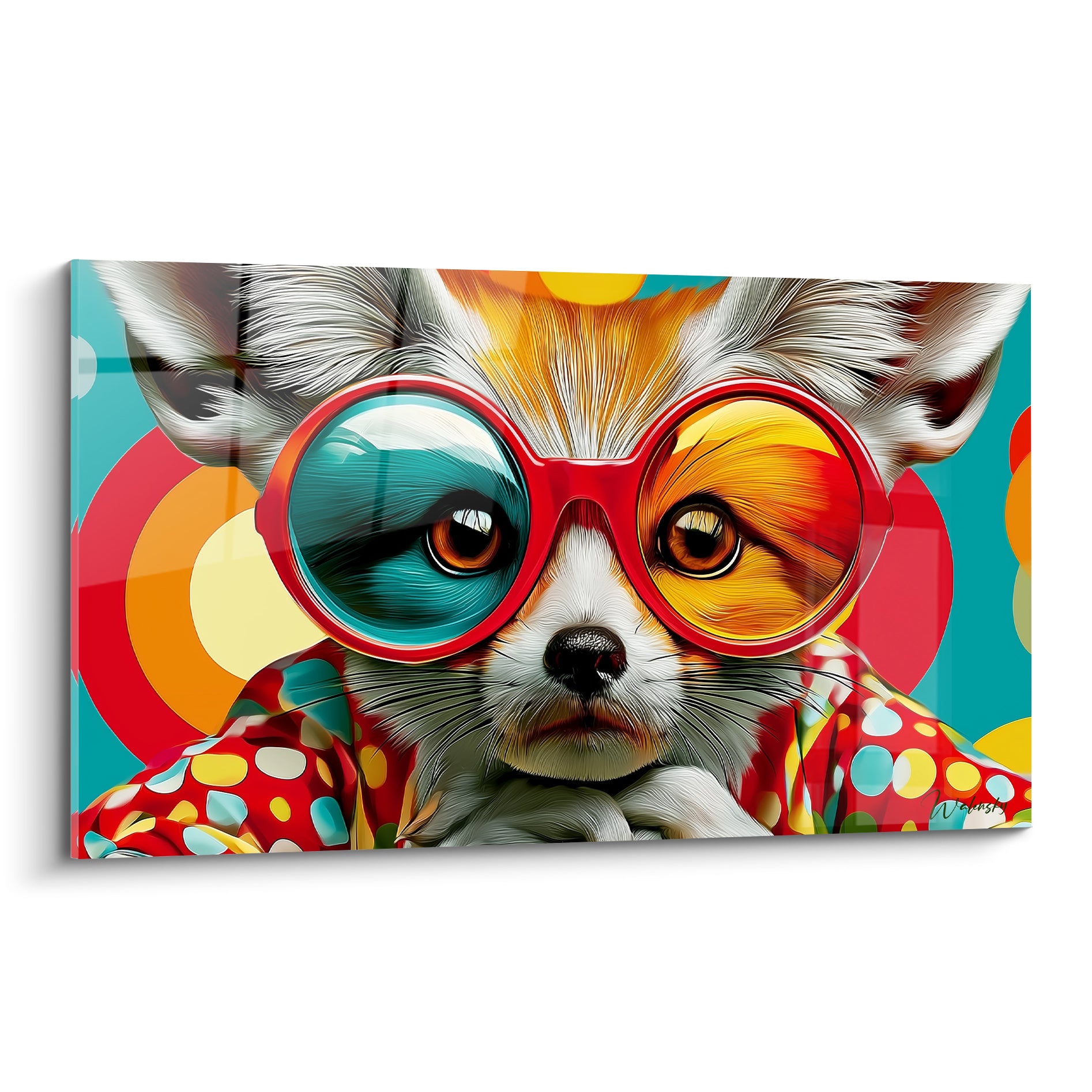 Fennec aux lunettes rouges et verres turquoise et jaune, pelage ocre et blanc détaillé