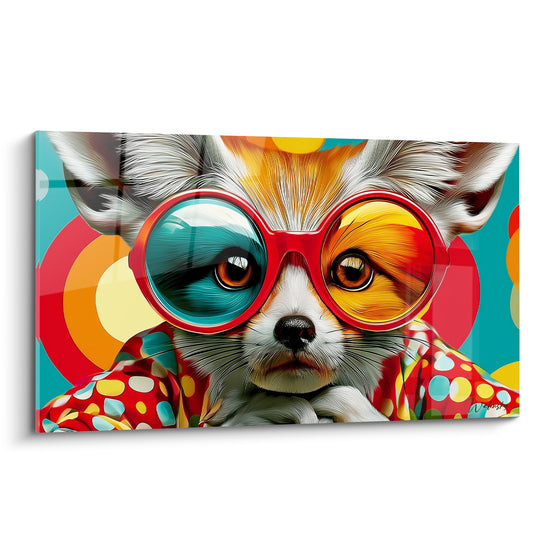 Fennec aux lunettes rouges et verres turquoise et jaune, pelage ocre et blanc détaillé
