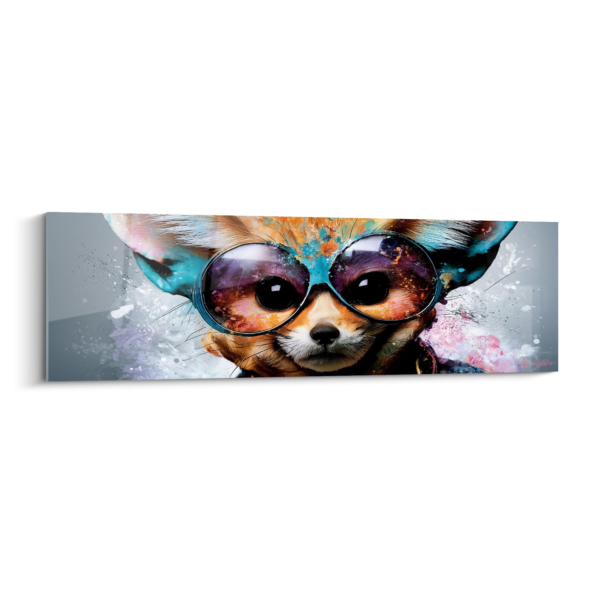 Fennec aux lunettes violettes et turquoise, éclaboussures orange sur fond gris anthracite