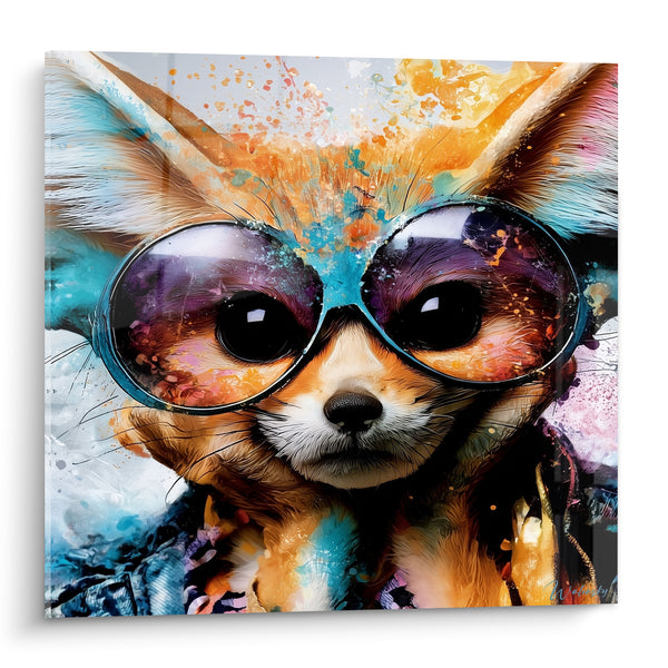 Tableau Fennec à grandes lunettes rondes bleu turquoise - Allure décalée - Edition Fennec