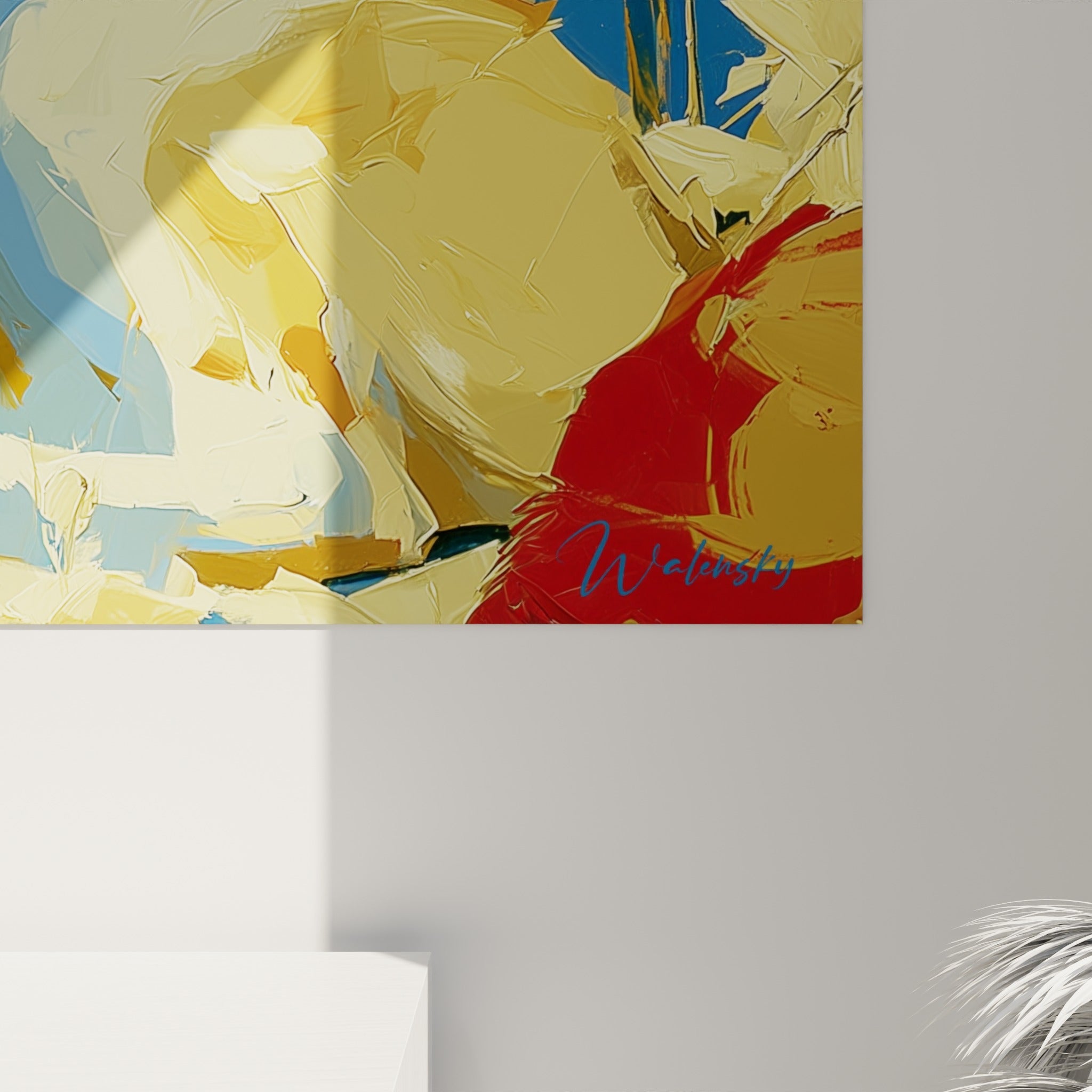 Empâtements de peinture bleu et doré révélant le grain de l'impression et les coulures autour du fennec