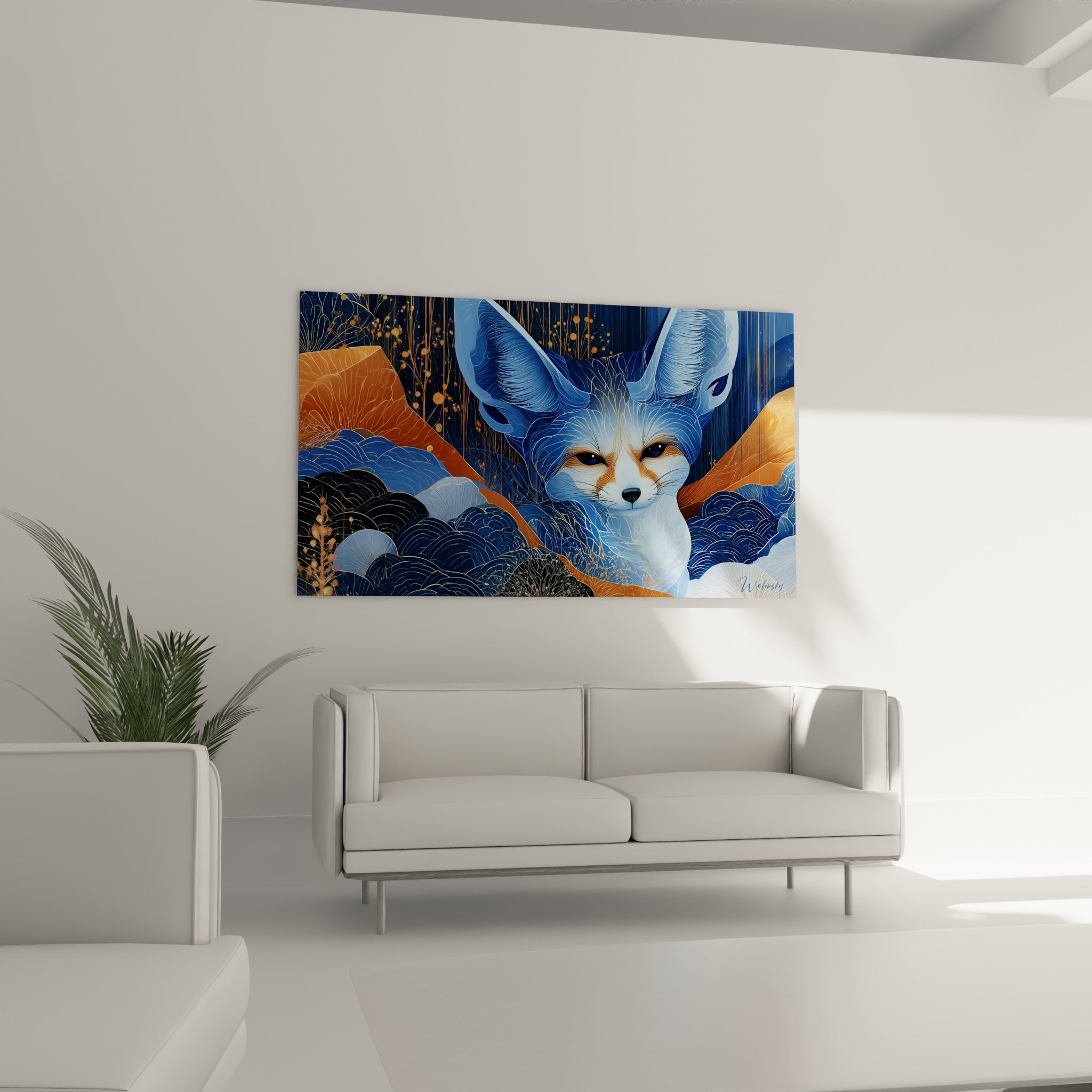 Museau blanc et fourrure bleutée du fennec entouré de motifs dorés, au-dessus d'un canapé dans un salon lumineux