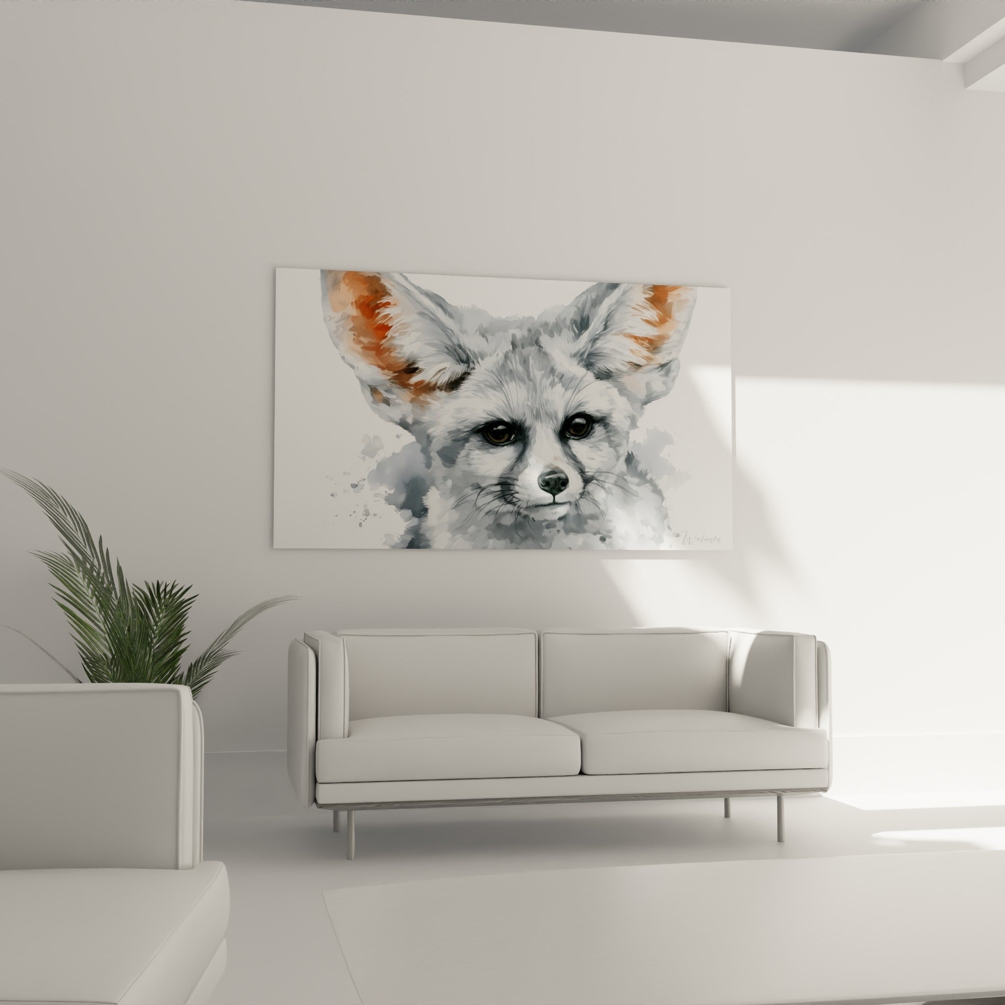 Museau de fennec anthracite aux yeux bruns intenses, accroché au-dessus d'un canapé dans un salon lumineux