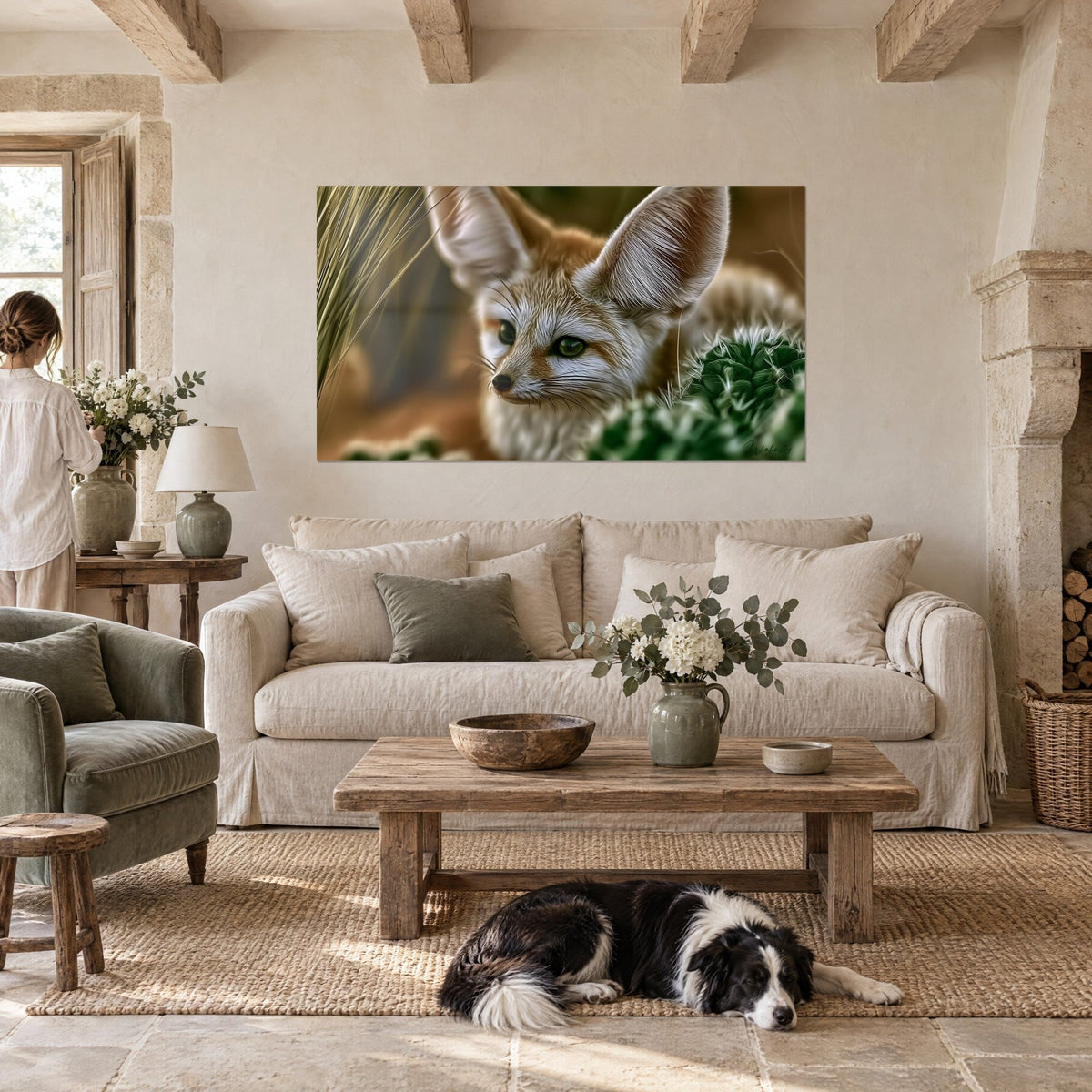 Tableau renard des sables aux grandes oreilles ocre et vert cactus, yeux sombres attentifs, au-dessus d'un canapé dans un salon lumineux