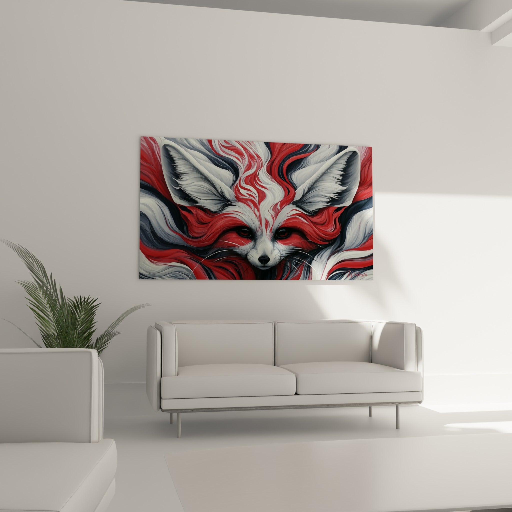 Museau de fennec blanc cerclé de rouge intense, au-dessus d'un canapé dans un salon lumineux