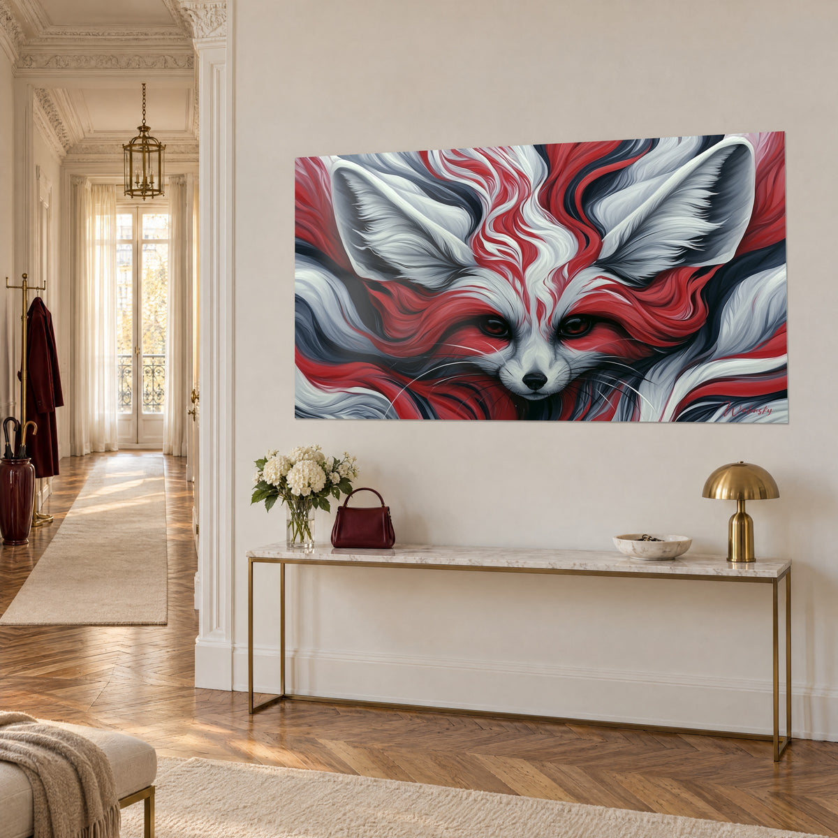 Cuadro zorro del desierto de mirada oscura, pelaje blanco entrelazado con volutas rojas y grises, sobre consola dorada, piso haussmanniano