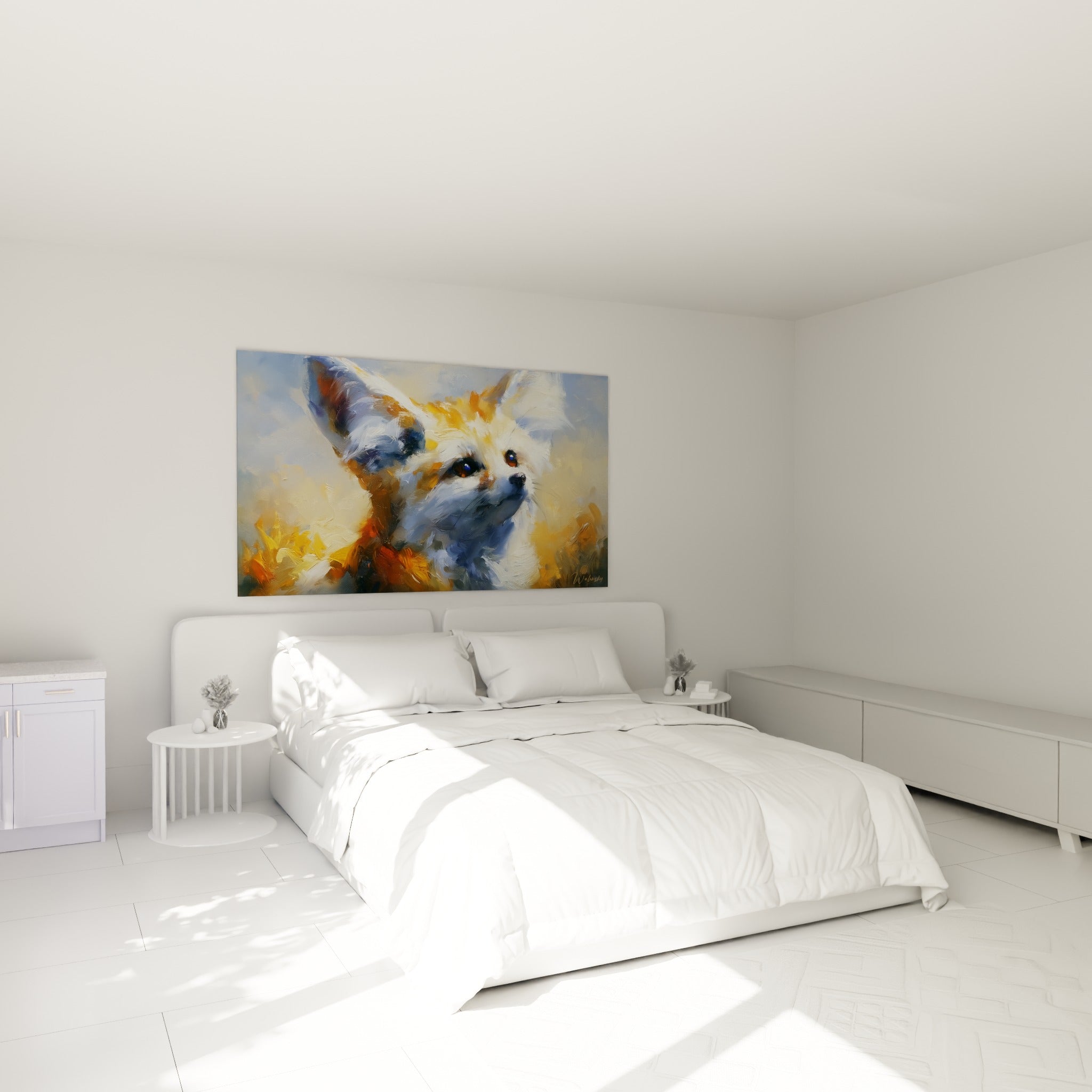 Museau levé du fennec ocre et blanc au-dessus d'un lit dans une chambre claire.