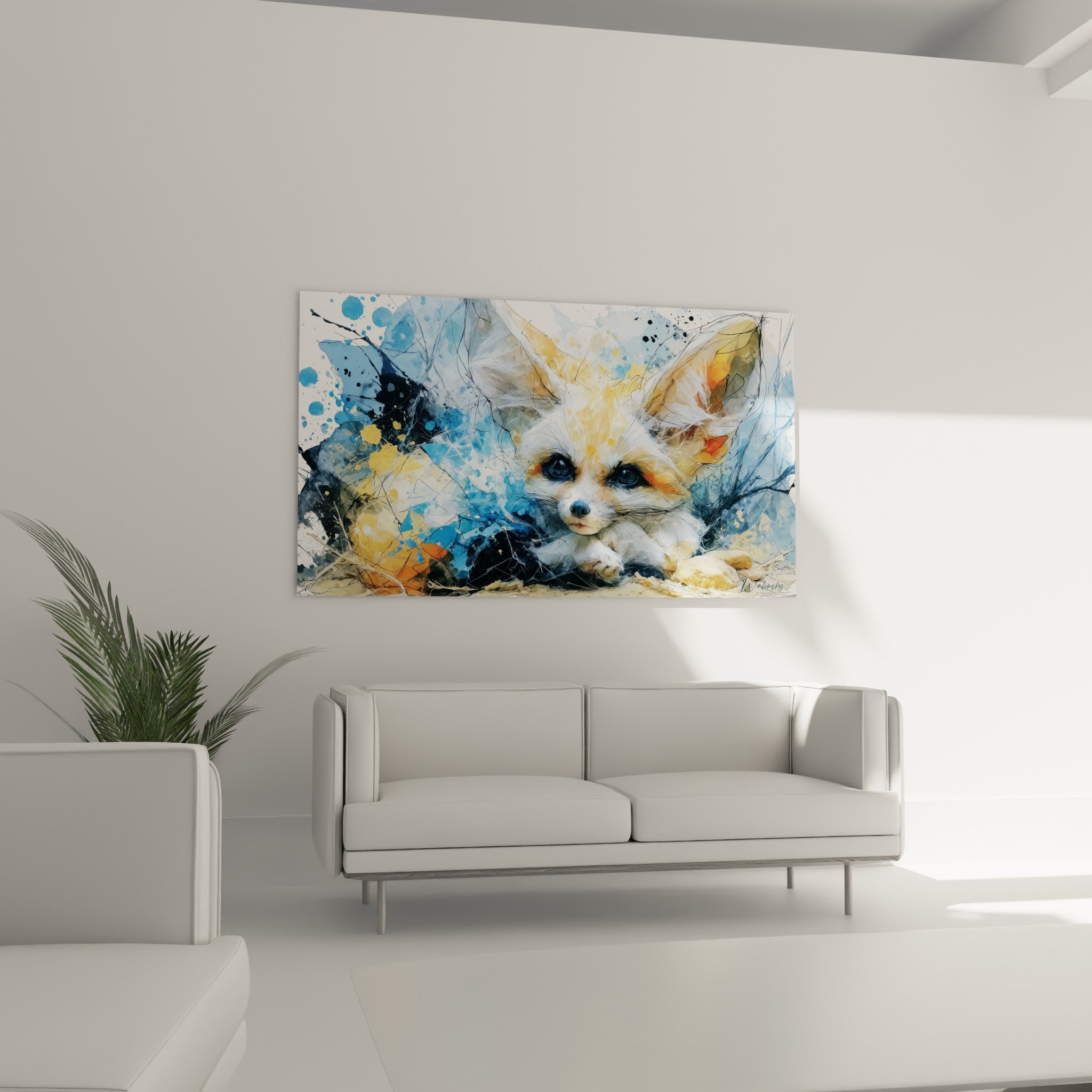 Museau blanc du fennec entouré d'éclats bleu pastel et orangés, au-dessus d'un canapé dans un salon lumineux