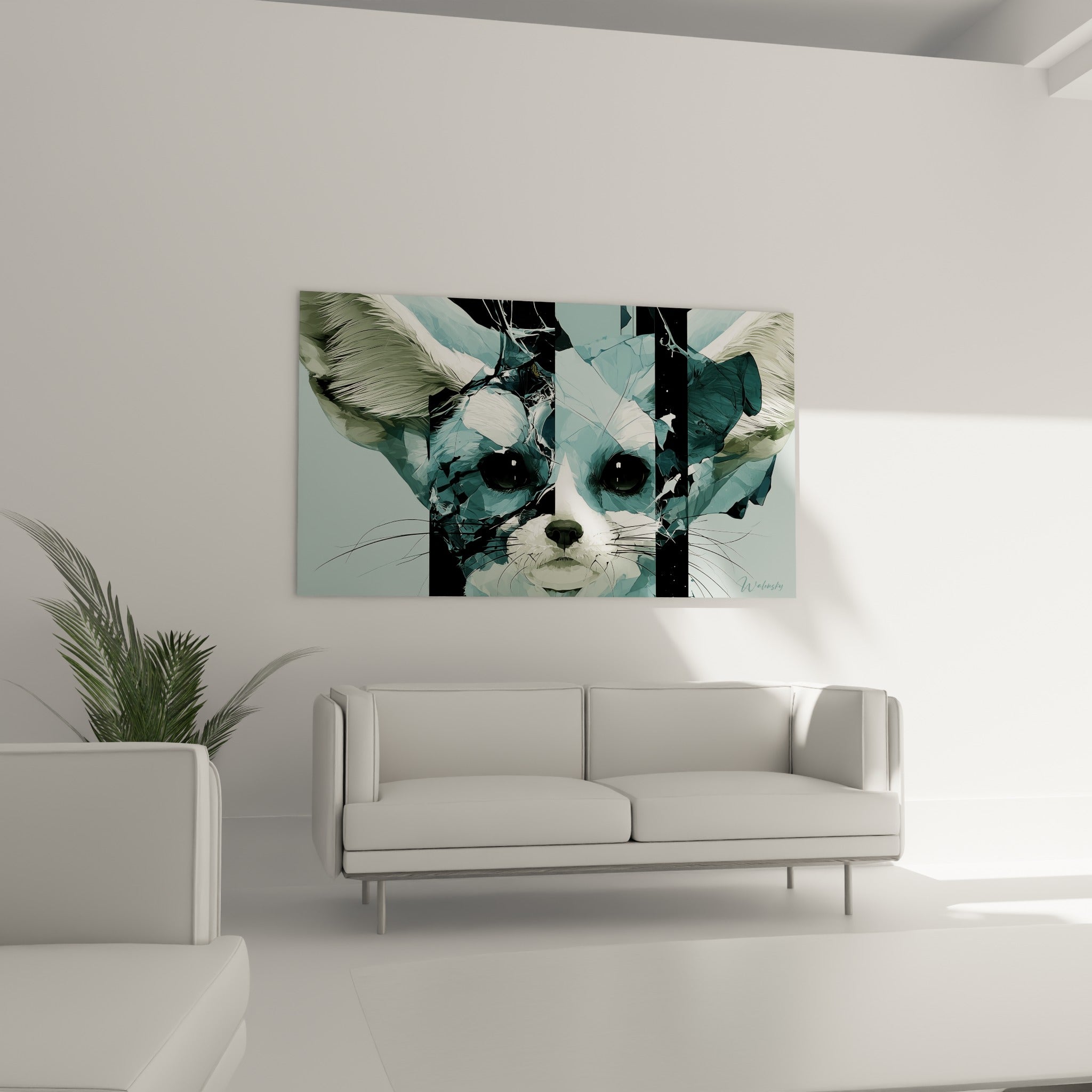 Museau blanc du fennec aux moustaches fines et fond bleu pâle au-dessus d'un canapé dans un salon lumineux