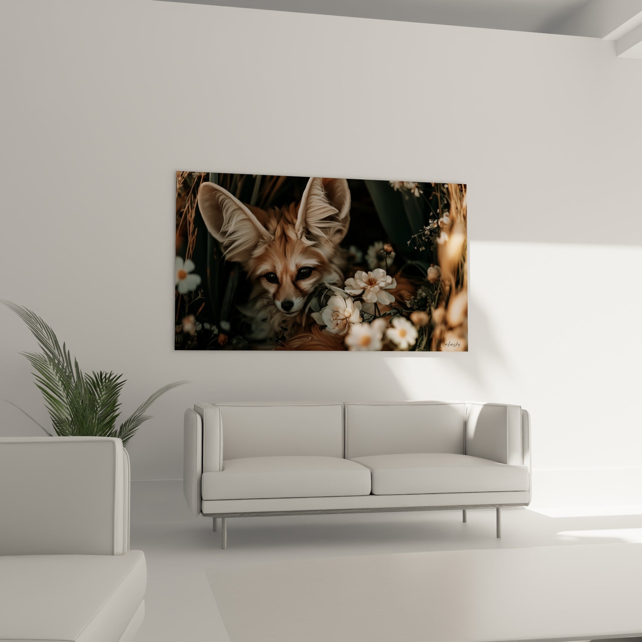 Regard sombre du fennec beige entouré de pétales blancs, tableau accroché au-dessus d'un canapé dans un salon lumineux