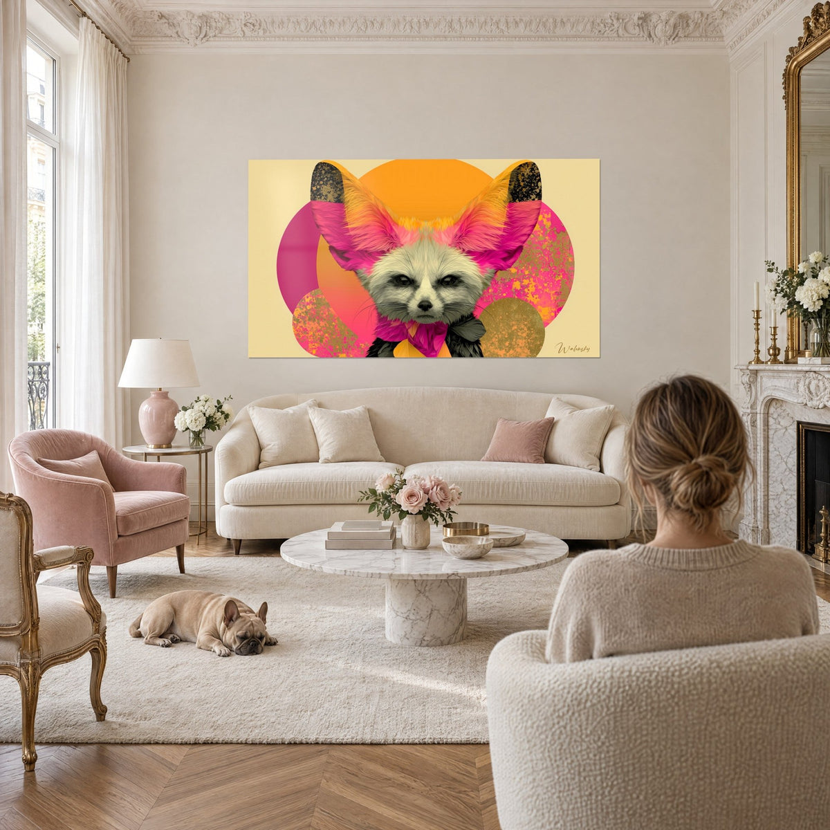 Tableau fennec aux immenses oreilles rose fuchsia et orange, cercles dorés derrière, au-dessus d'un canapé dans un salon lumineux