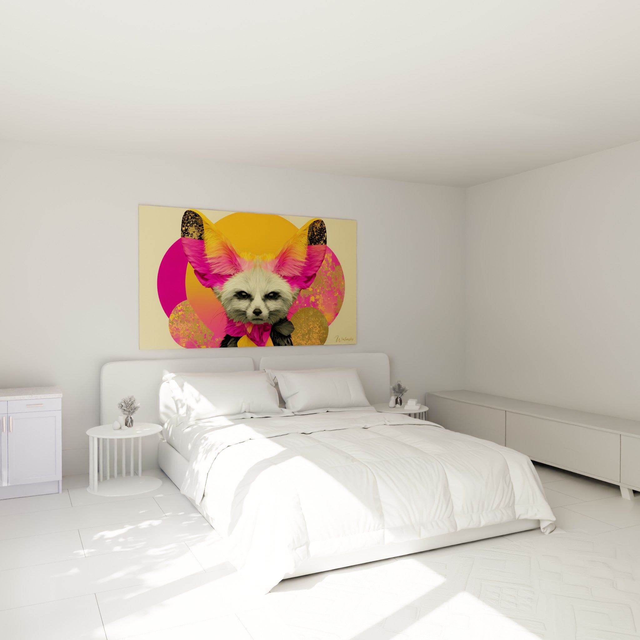 Museau du fennec crème et pelage détaillé, écharpe rose, au-dessus d'un lit dans une chambre claire