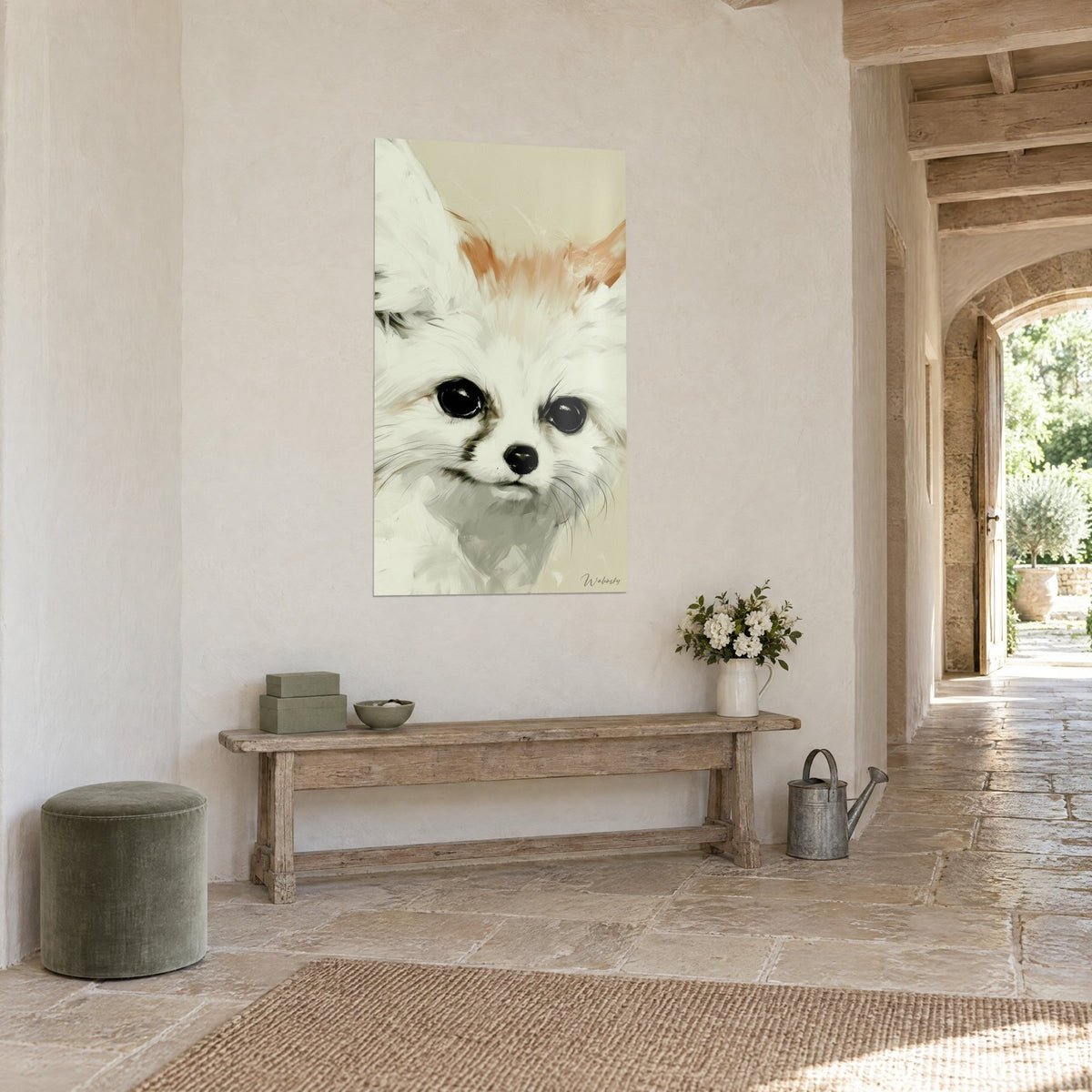 Wall art cream fennec fox with a dark, shiny gaze, ears edged in russet, in a stone hallway with sunlit arches