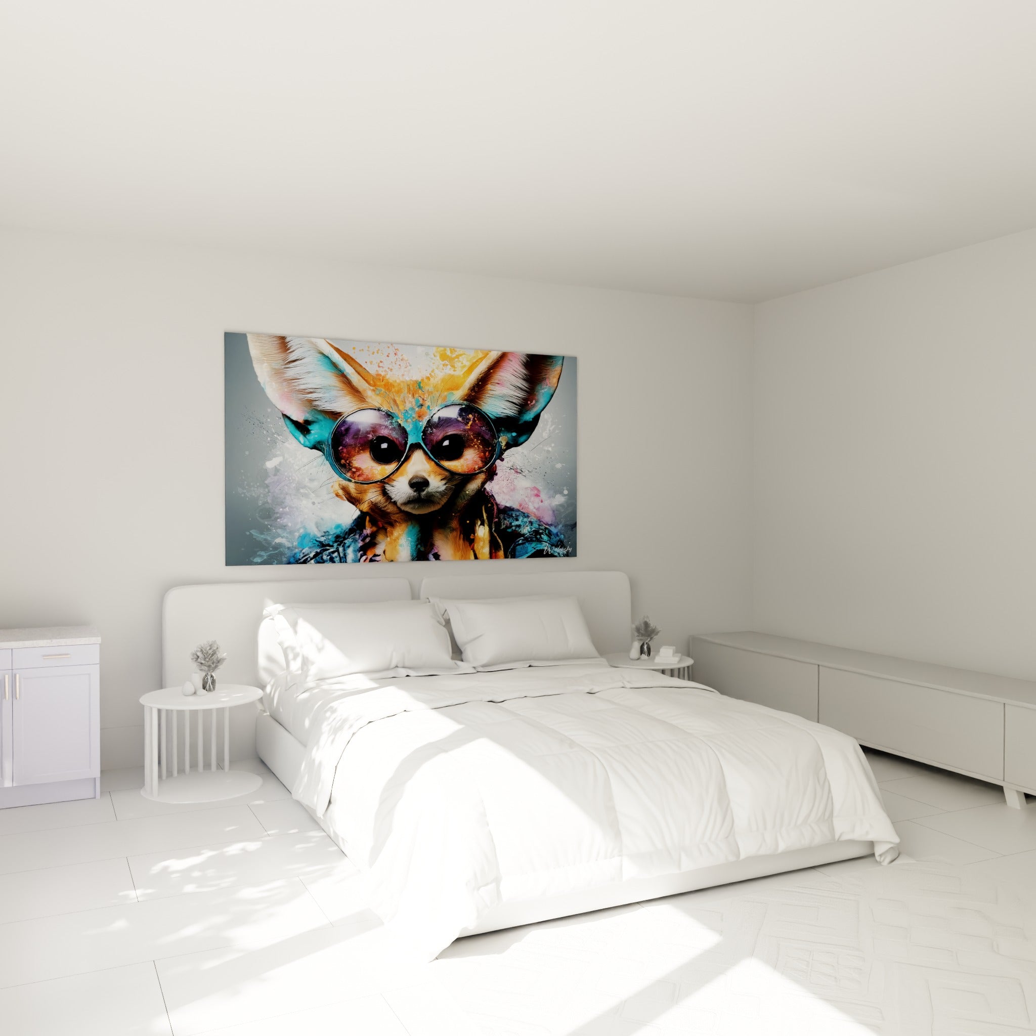 Museau de fennec entre ocre et turquoise avec lunettes rondes, accroché au-dessus d'un lit dans une chambre claire.