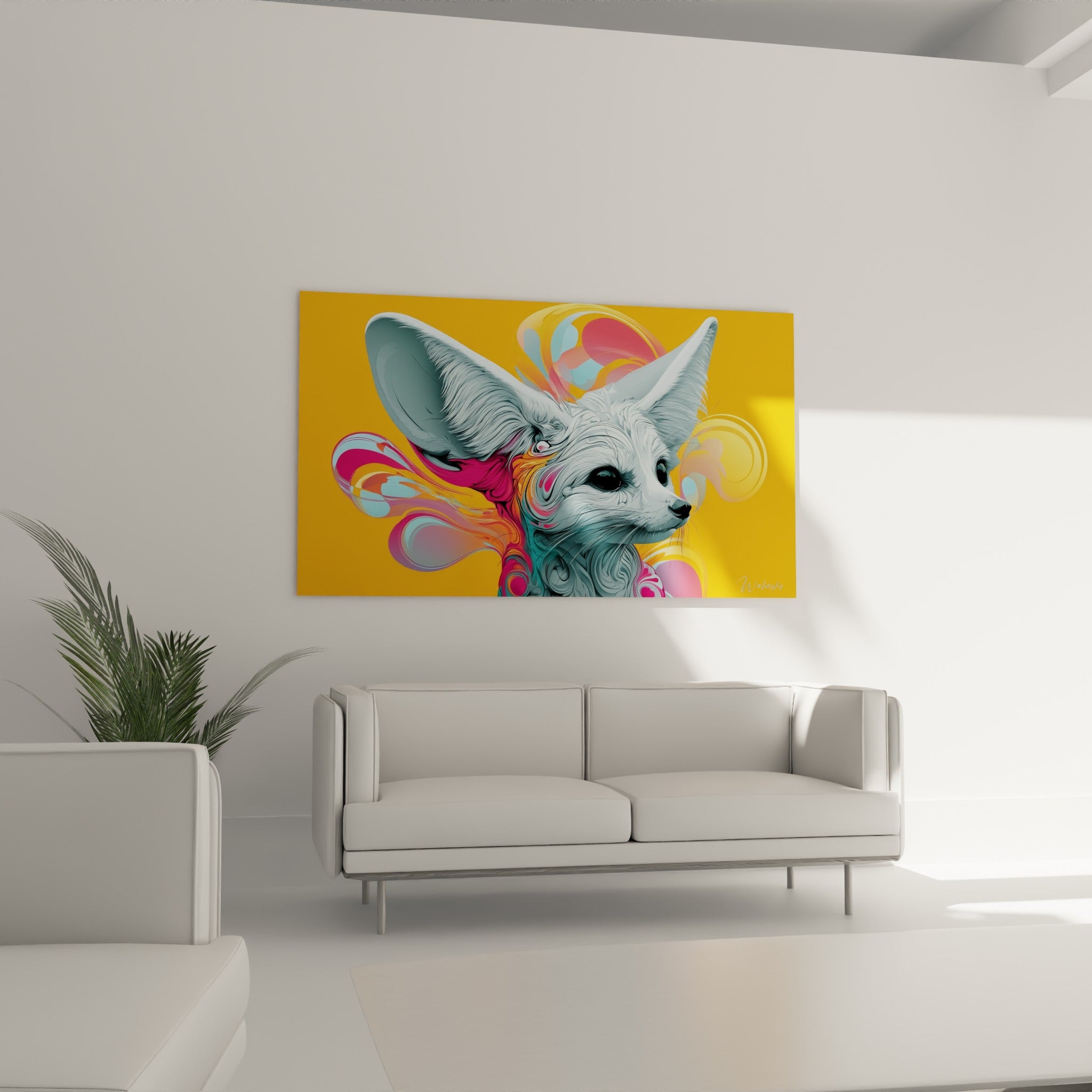 Museau fin du fennec entouré de volutes fuchsia et orange, au-dessus d'un canapé dans un salon lumineux