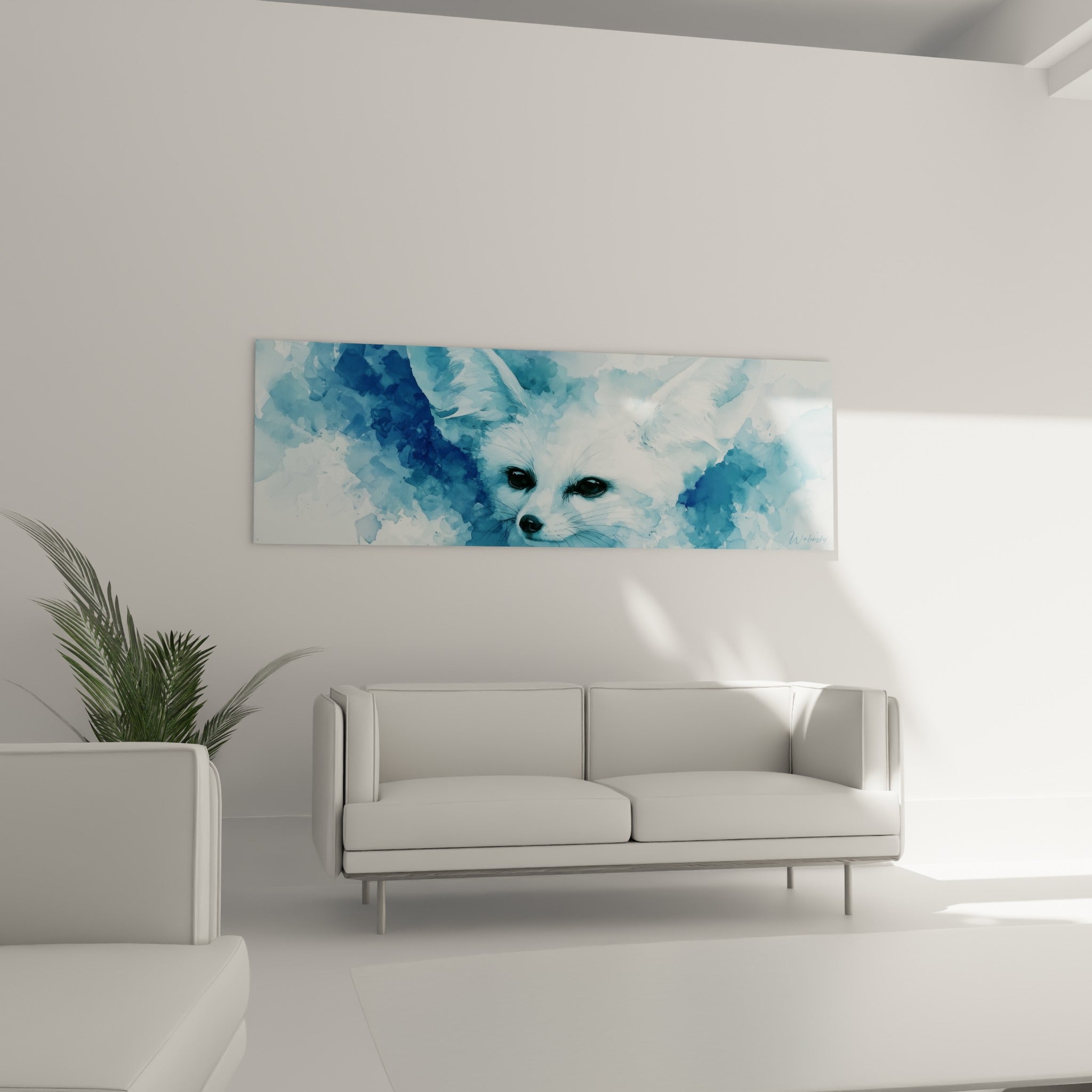 Museau noir et pelage blanc du fennec émergeant d'un fond bleu marine, au-dessus d'un canapé dans un salon lumineux.