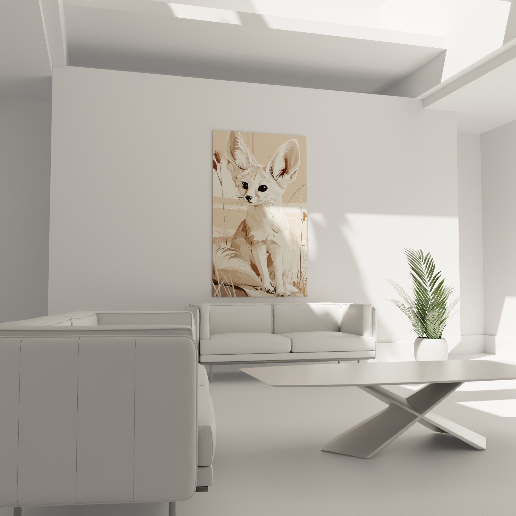 Museau noir et moustaches fines du fennec beige et brun, au-dessus d'un canapé dans un salon lumineux