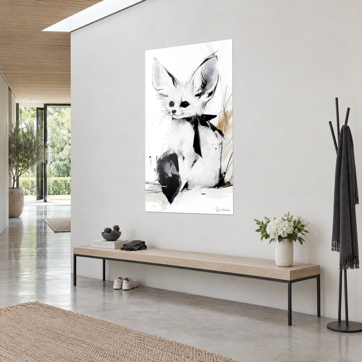 Wall art desert fox cub in ink, black tail and grey ears, ochre touches, on an off-white wall beside a wooden bench