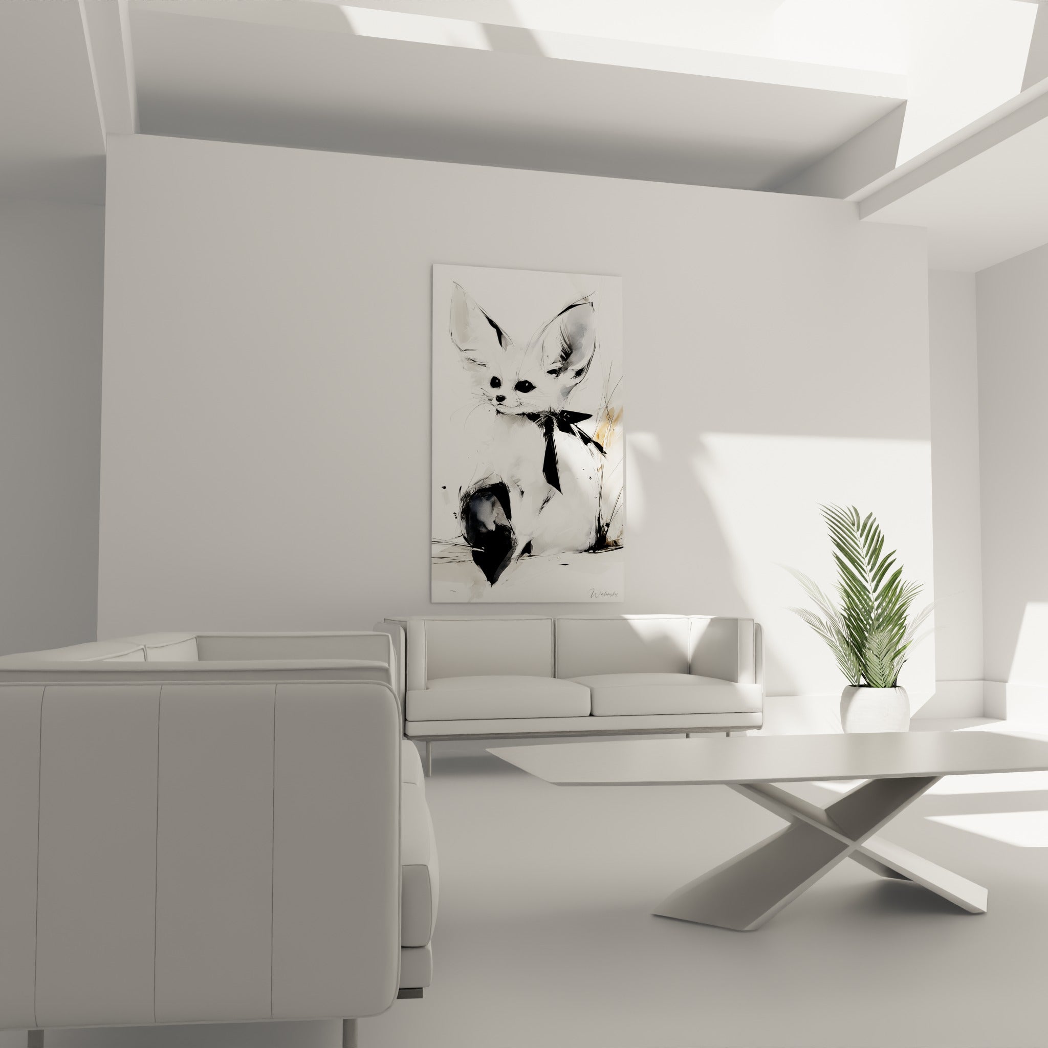 Museau noir et pelage blanc du fennec esquissé, au-dessus d'un canapé dans un salon lumineux