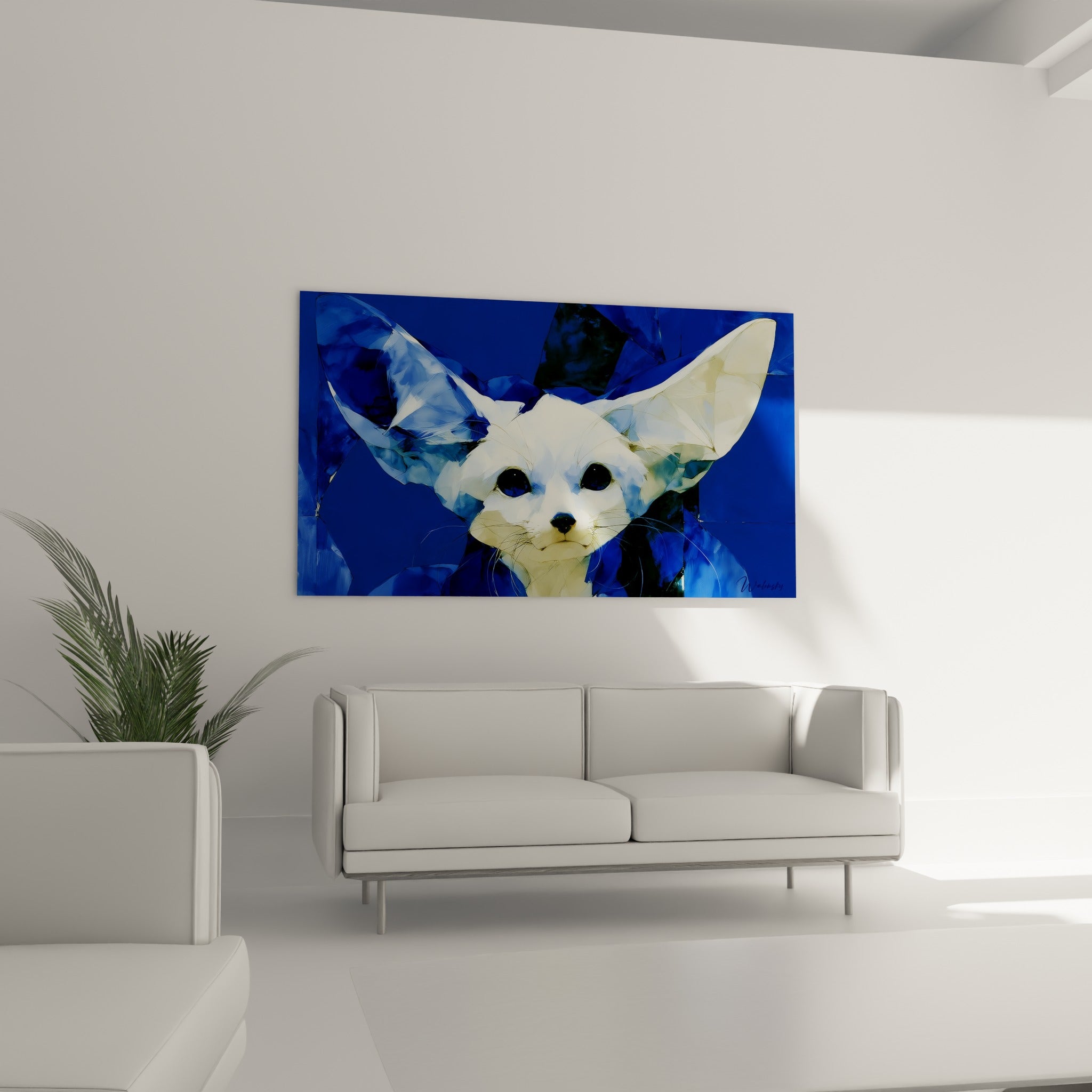 Museau noir et pelage crème du fennec contrastant avec l'anthracite, au-dessus d'un canapé dans un salon lumineux