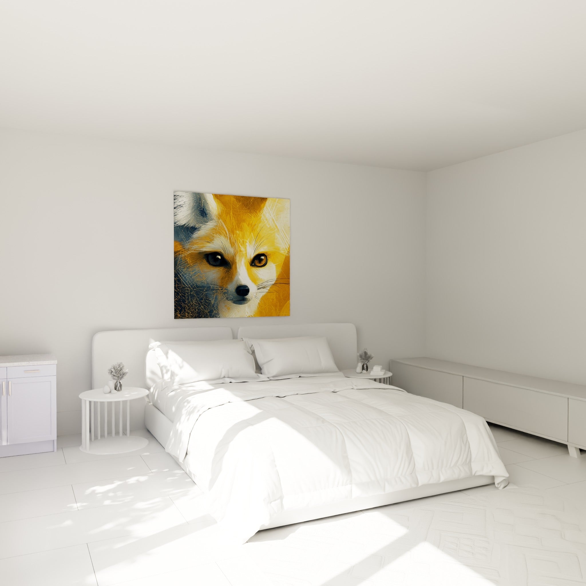 Museau noir et yeux dorés du fennec, ocre et bleu-gris, au-dessus d'un lit dans une chambre claire