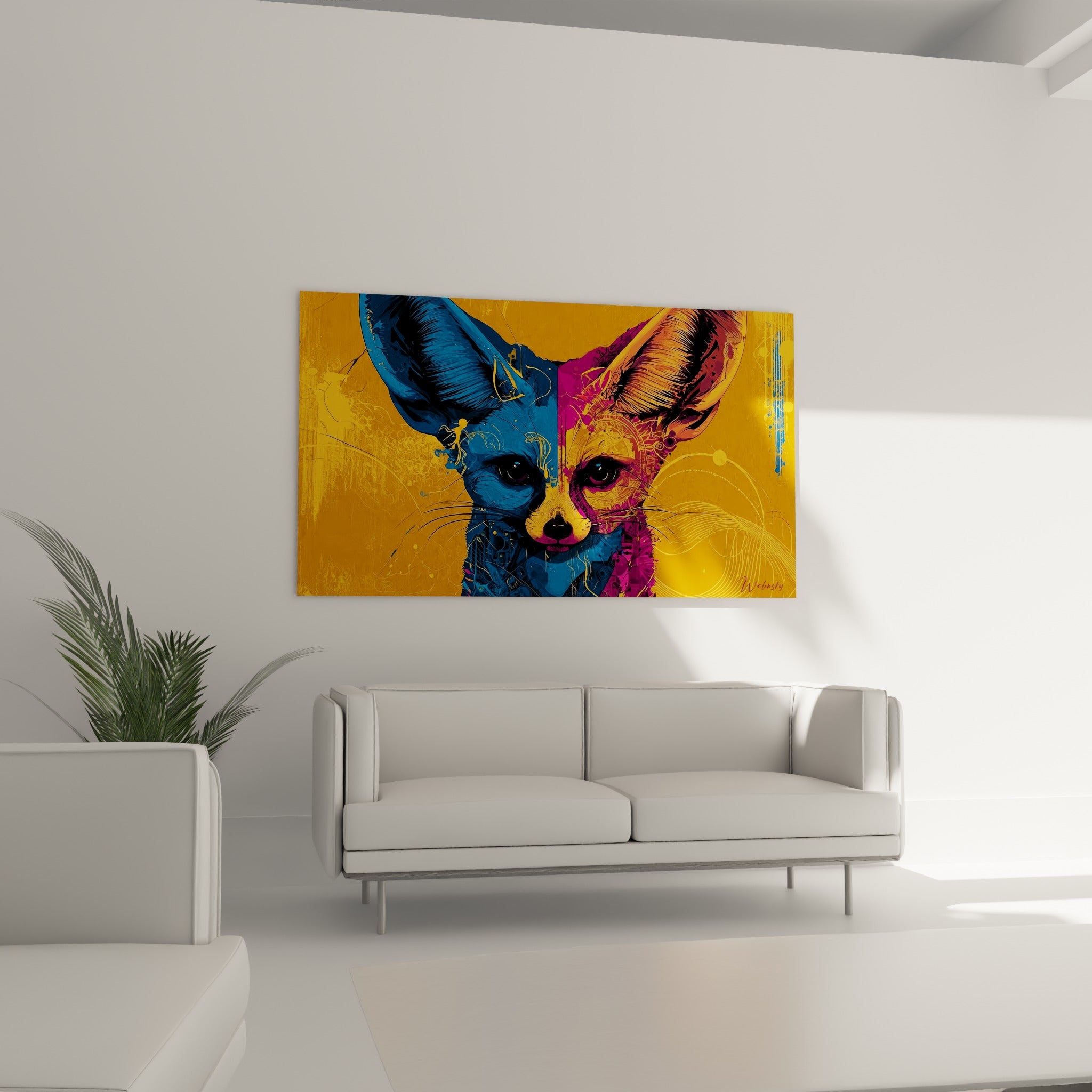 Museau noir et yeux perçants du fennec, tons ocre et bleu, au-dessus d'un canapé dans un salon lumineux